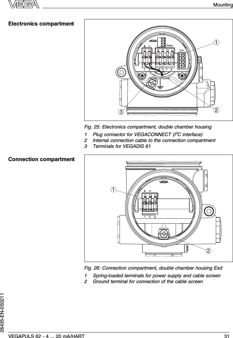132DisplayCom.12 5678Fig.25:Electronics compartment,double chamber housing1Plug connector for VEGACONNECT (I²Cinterface)2Internal connection cable to the connection compartment3Terminals for VEGADIS 611212Fig.26:Connection compartment,double chamber housing Exd1Spring-loaded terminals for power supply and cable screen2Ground terminal for connection of the cable screenElectronics compartmentConnection compartmentVEGAPULS 62 -4... 20 mA/HART 31Mounting28435-EN-050211