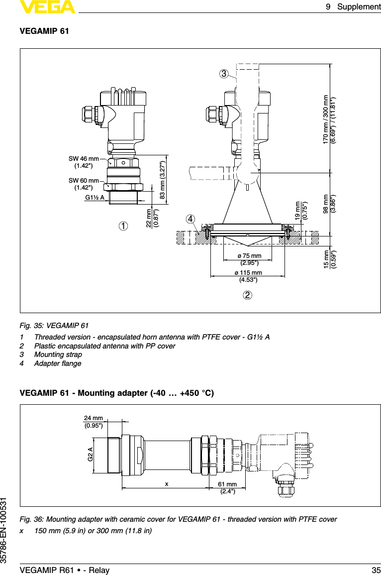 VEGAMIP 6122mm(0.87&quot;)83mm (3.27&quot;)     SW 46 mm(1.42&quot;)         SW 60 mm(1.42&quot;)    G1½ A214315 mm(0.59&quot;)98 mm(3.86&quot;)170 mm / 300 mm(6.69&quot;)  / (11.81&quot;) 19 mm(0.75&quot;)ø 75 mm(2.95&quot;)ø 115 mm(4.53&quot;)Fig.35:VEGAMIP 611Threaded version -encapsulated horn antenna with PTFE cover -G1½A2Plastic encapsulated antenna with PP cover3Mounting strap4Adapter ﬂangeVEGAMIP 61 -Mounting adapter (-40 …+450 °C)24mm(0.95&quot;)x  61 mm(2.4&quot;) G2 AFig.36:Mounting adapter with ceramic cover for VEGAMIP 61 -threaded version with PTFE coverx150 mm (5.9in)or 300 mm (11.8in)VEGAMIP R61 • - Relay 359Supplement35786-EN-100531