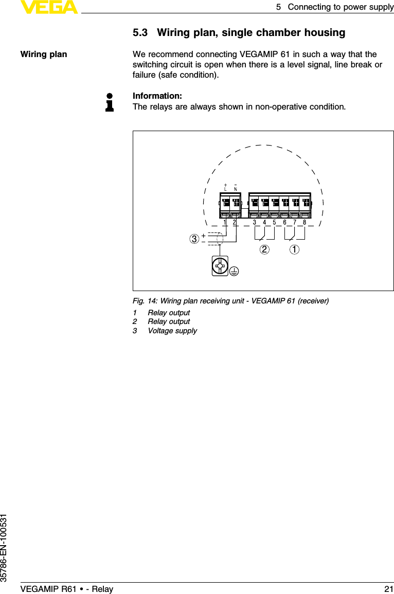 5.3Wiring plan,single chamber housingWe recommend connecting VEGAMIP 61 in such a way that theswitching circuit is open when there is a level signal,line break orfailure (safe condition).Information:The relays are always shown in non-operative condition.32 1Fig.14:Wiring plan receiving unit -VEGAMIP 61 (receiver)1Relay output2Relay output3Voltage supplyWiring planVEGAMIP R61 • - Relay 215Connecting to power supply35786-EN-100531