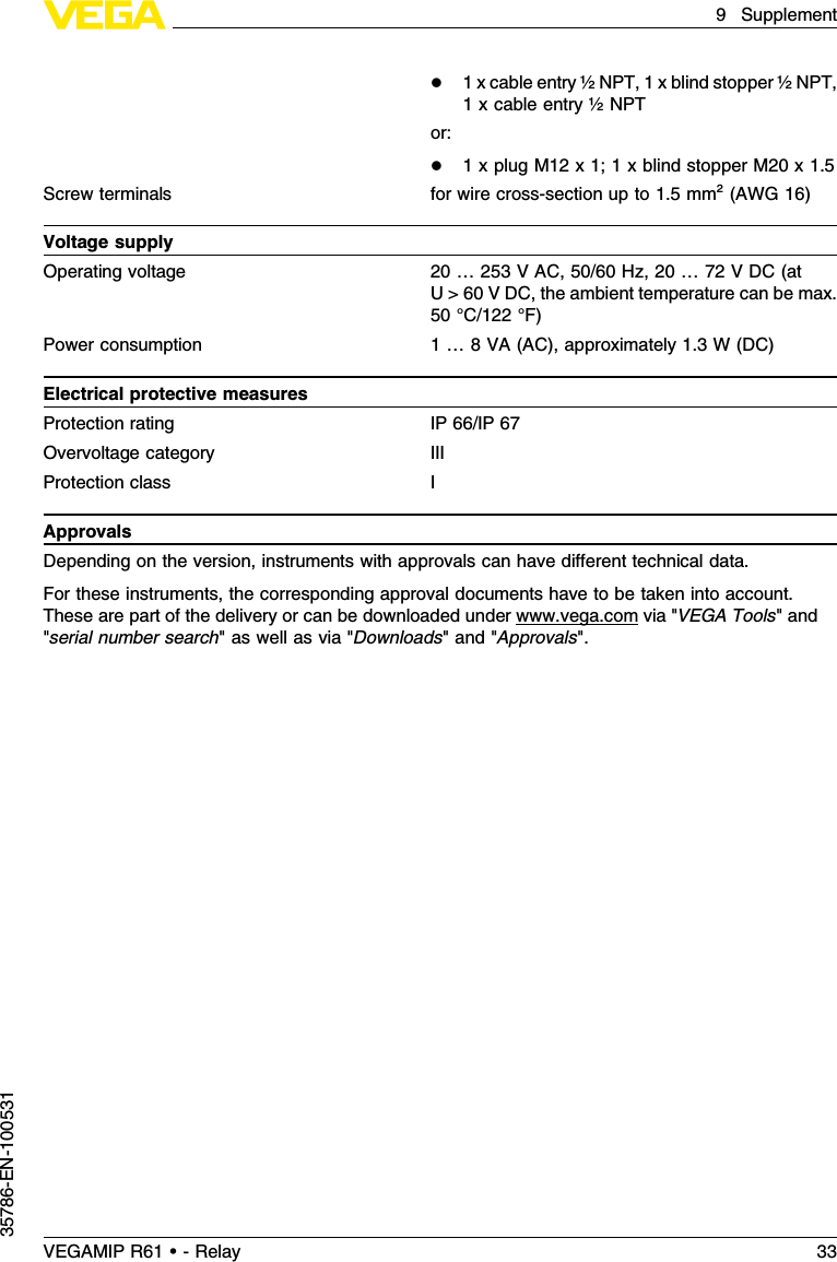l1x cable entry ½NPT,1x blind stopper ½NPT,1x cable entry ½NPTor:l1x plug M12 x1;1x blind stopper M20 x1.5Screw terminals for wire cross-section up to 1.5mm²(AWG 16)Voltage supplyOperating voltage 20 …253 V AC,50/60 Hz,20 …72 V DC (atU&gt;60 V DC,the ambient temperature can be max.50 °C/122 °F)Power consumption 1…8VA (AC), approximately 1.3W(DC)Electrical protective measuresProtection rating IP 66/IP 67Overvoltage category IIIProtection class IApprovalsDepending on the version,instruments with approvals can have diﬀerent technical data.For these instruments,the corresponding approval documents have to be taken into account.These are part of the delivery or can be downloaded under www.vega.com via &quot;VEGA Tools&quot;and&quot;serial number search&quot;as well as via &quot;Downloads&quot;and &quot;Approvals&quot;.VEGAMIP R61 • - Relay 339Supplement35786-EN-100531