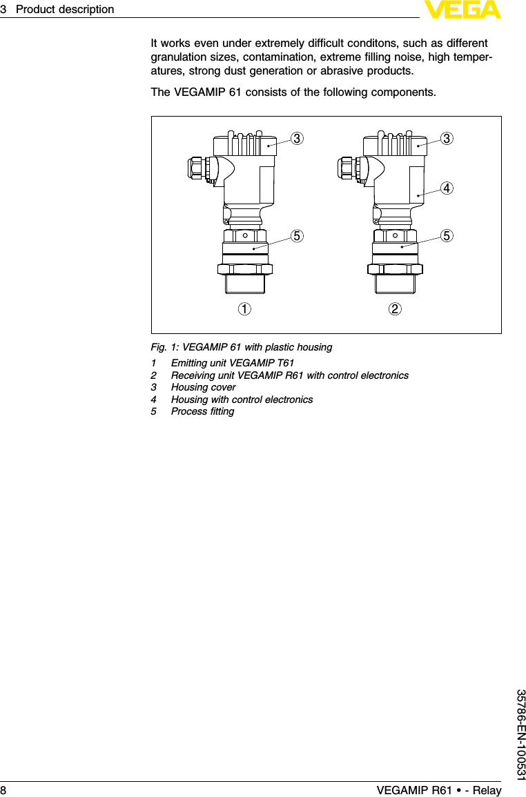 It works even under extremely diﬃcult conditons,such as diﬀerentgranulation sizes,contamination,extreme ﬁlling noise,high temper-atures,strong dust generation or abrasive products.The VEGAMIP 61 consists of the following components.3354521Fig.1:VEGAMIP 61 with plastic housing1Emitting unit VEGAMIP T612Receiving unit VEGAMIP R61 with control electronics3Housing cover4Housing with control electronics5Process ﬁtting8VEGAMIP R61 • - Relay3Product description35786-EN-100531