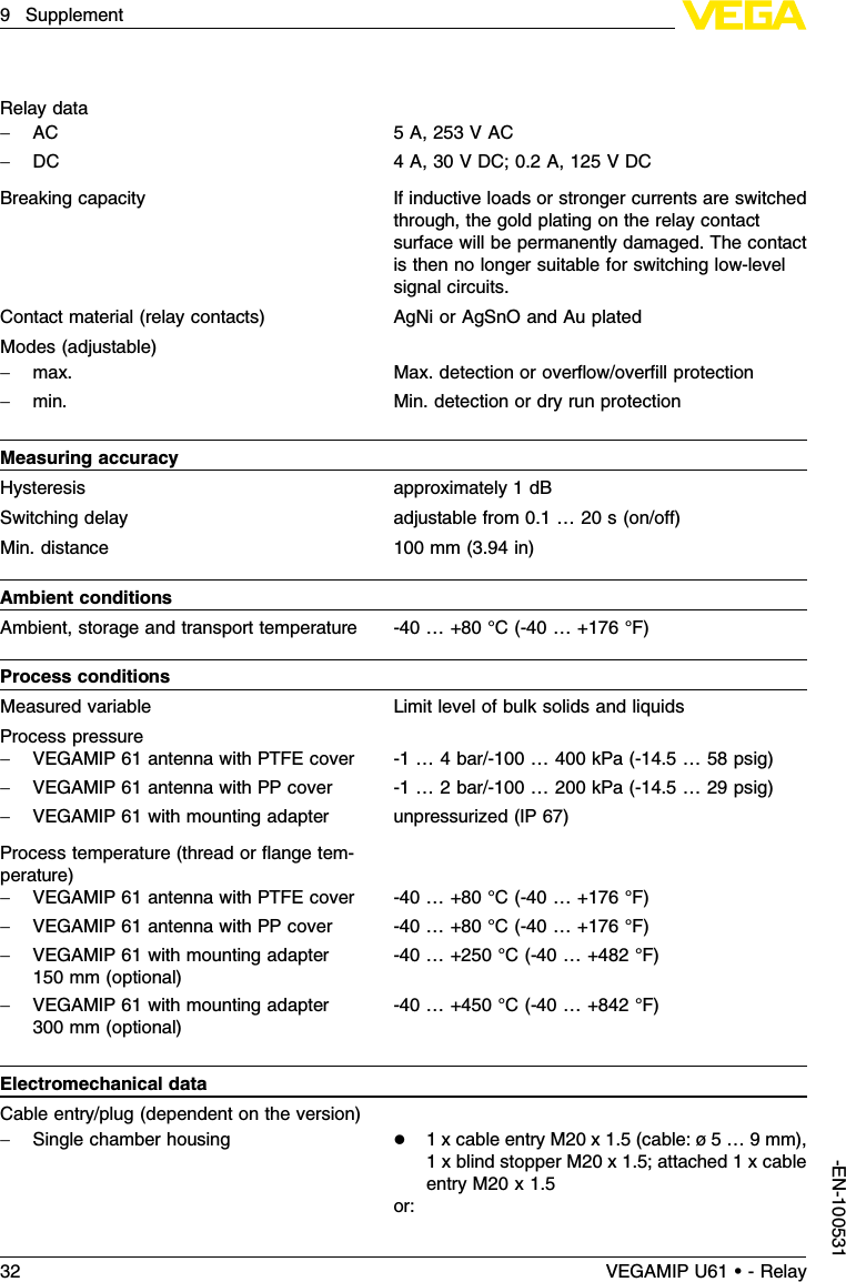 Relay data-AC 5A,253 V AC-DC 4A,30 V DC;0.2A,125 V DCBreaking capacity If inductive loads or stronger currents are switchedthrough,the gold plating on the relay contactsurface will be permanently damaged.The contactis then no longer suitable for switching low-levelsignal circuits.Contact material (relay contacts)AgNi or AgSnOand Au platedModes (adjustable)-max.Max.detection or overﬂow/overﬁll protection-min.Min.detection or dry run protectionMeasuring accuracyHysteresis approximately 1dBSwitching delay adjustable from 0.1…20 s(on/oﬀ)Min.distance 100 mm (3.94 in)Ambient conditionsAmbient,storage and transport temperature -40 …+80 °C(-40 …+176 °F)Process conditionsMeasured variable Limit level of bulk solids and liquidsProcess pressure-VEGAMIP 61 antenna with PTFE cover -1…4bar/-100 …400 kPa(-14.5…58 psig)-VEGAMIP 61 antenna with PP cover -1…2bar/-100 …200 kPa(-14.5…29 psig)-VEGAMIP 61 with mounting adapter unpressurized (IP 67)Process temperature (thread or ﬂange tem-perature)-VEGAMIP 61 antenna with PTFE cover -40 …+80 °C(-40 …+176 °F)-VEGAMIP 61 antenna with PP cover -40 …+80 °C(-40 …+176 °F)-VEGAMIP 61 with mounting adapter150 mm (optional)-40 …+250 °C(-40 …+482 °F)-VEGAMIP 61 with mounting adapter300 mm (optional)-40 …+450 °C(-40 …+842 °F)Electromechanical dataCable entry/plug (dependent on the version)-Single chamber housing l1x cable entry M20 x1.5(cable:ø5…9mm),1x blind stopper M20 x1.5;attached 1x cableentry M20 x1.5or:32 VEGAMIP U61 • - Relay9Supplement-EN-100531