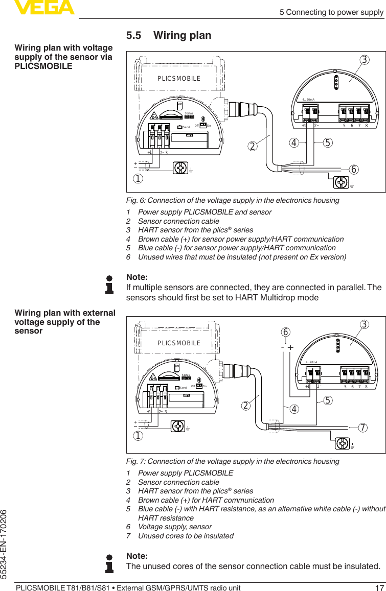 175 Connecting to power supplyPLICSMOBILE T81/B81/S81 • External GSM/GPRS/UMTS radio unit55234-EN-1702065.5  Wiring plan1PLICSMOBILE4 5263512+-6784...20mASIMStatusSend Off          On123+-Fig. 6: Connection of the voltage supply in the electronics housing1  Power supply PLICSMOBILE and sensor2  Sensor connection cable3  HART sensor from the plics® series4  Brown cable (+) for sensor power supply/HART communication5  Blue cable (-) for sensor power supply/HART communication6  Unused wires that must be insulated (not present on Ex version)Note:If multiple sensors are connected, they are connected in parallel. The sensorsshouldrstbesettoHARTMultidropmode1PLICSMOBILE452763512++--6784...20mASIMStatusSend Off          On123+-Fig. 7: Connection of the voltage supply in the electronics housing1  Power supply PLICSMOBILE2  Sensor connection cable3  HART sensor from the plics® series4  Brown cable (+) for HART communication5  Blue cable (-) with HART resistance, as an alternative white cable (-) without HART resistance6  Voltage supply, sensor7  Unused cores to be insulatedNote:The unused cores of the sensor connection cable must be insulated.Wiring plan with voltage supply of the sensor via PLICSMOBILEWiring plan with external voltage supply of the sensor