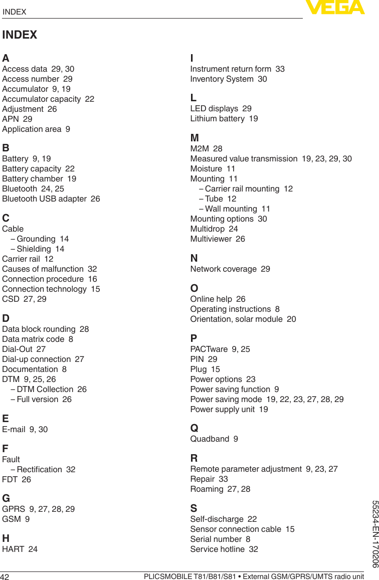 42INDEXPLICSMOBILE T81/B81/S81 • External GSM/GPRS/UMTS radio unit55234-EN-170206INDEXAAccess data  29, 30Access number  29Accumulator  9, 19Accumulator capacity  22Adjustment  26APN  29Application area  9BBattery  9, 19Battery capacity  22Battery chamber  19Bluetooth  24, 25Bluetooth USB adapter  26CCable – Grounding  14 – Shielding  14Carrier rail  12Causes of malfunction  32Connection procedure  16Connection technology  15CSD  27, 29DData block rounding  28Data matrix code  8Dial-Out  27Dial-up connection  27Documentation  8DTM  9, 25, 26 – DTM Collection  26 – Full version  26EE-mail  9, 30FFault – Rectication32FDT  26GGPRS  9, 27, 28, 29GSM  9HHART  24IInstrument return form  33Inventory System  30LLED displays  29Lithium battery  19MM2M  28Measured value transmission  19, 23, 29, 30Moisture  11Mounting  11 – Carrier rail mounting  12 – Tube  12 – Wall mounting  11Mounting options  30Multidrop  24Multiviewer  26NNetwork coverage  29OOnline help  26Operating instructions  8Orientation, solar module  20PPACTware  9, 25PIN  29Plug  15Power options  23Power saving function  9Power saving mode  19, 22, 23, 27, 28, 29Power supply unit  19QQuadband  9RRemote parameter adjustment  9, 23, 27Repair  33Roaming  27, 28SSelf-discharge  22Sensor connection cable  15Serial number  8Service hotline  32