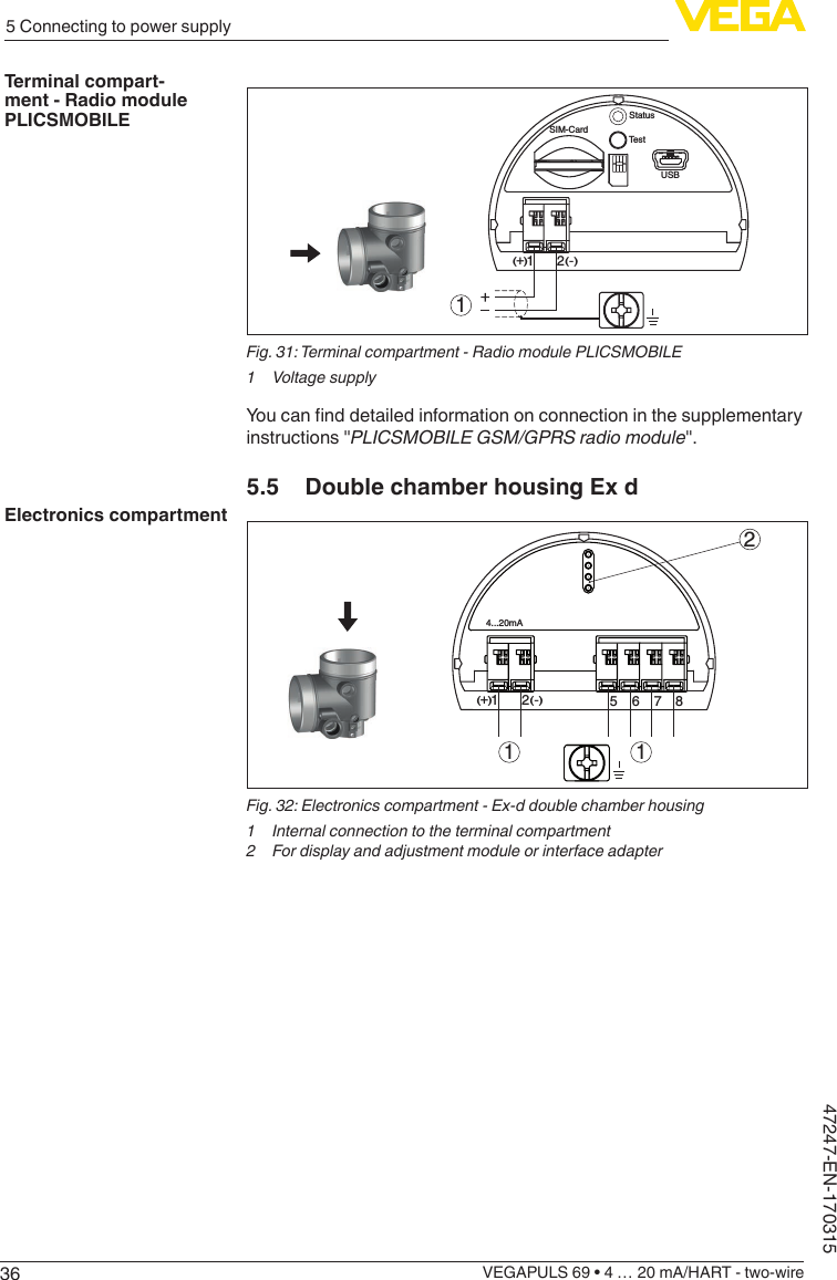 365 Connecting to power supplyVEGAPULS 69 • 4 … 20 mA/HART - two-wire47247-EN-1703151USBStatusTe stSIM-Card12+(  ) (-)Fig.31:Terminalcompartment-RadiomodulePLICSMOBILE1  Voltage supplyYoucannddetailedinformationonconnectioninthesupplementaryinstructions &quot;PLICSMOBILEGSM/GPRSradiomodule&quot;.5.5  Double chamber housing Ex d56784...20mA212+(  ) (-)11Fig.32:Electronicscompartment-Ex-ddoublechamberhousing1  Internal connection to the terminal compartment2  For display and adjustment module or interface adapterTerminal compart-ment - Radio module PLICSMOBILEElectronics compartment