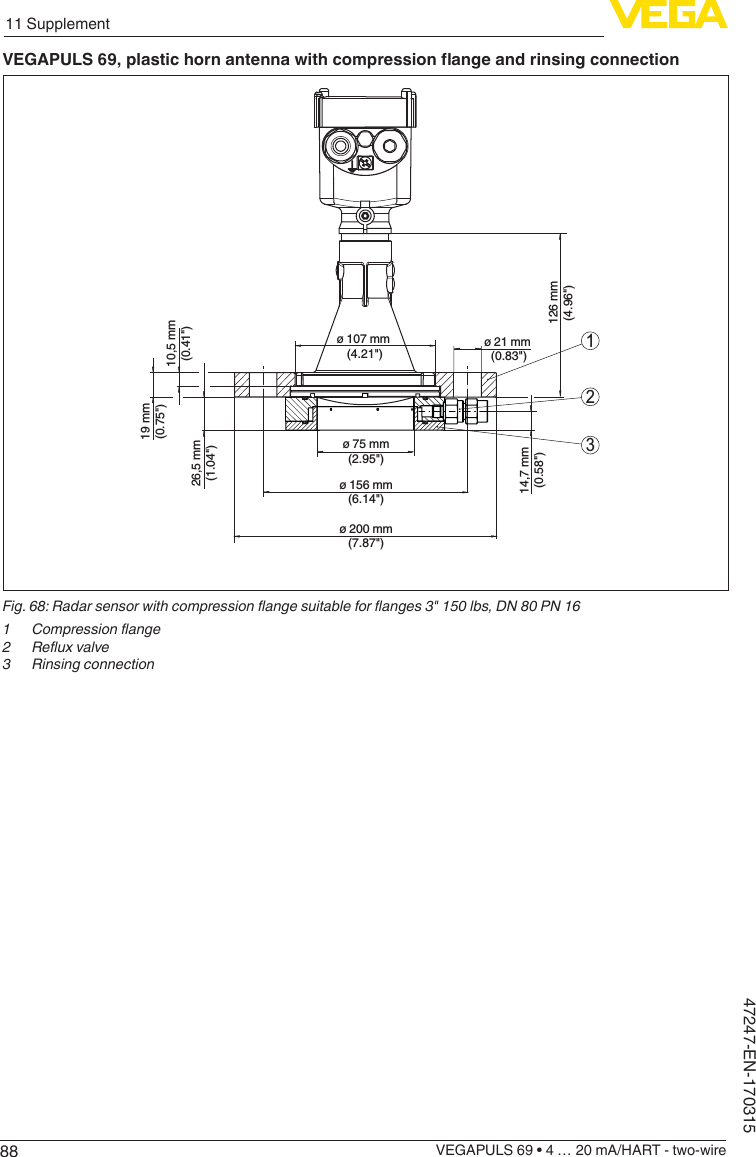 8811 SupplementVEGAPULS 69 • 4 … 20 mA/HART - two-wire47247-EN-170315VEGAPULS69,plastichornantennawithcompressionangeandrinsingconnection126 mm(4.96&quot;)14,7 mm(0.58&quot;)10,5 mm(0.41&quot;)26,5 mm(1.04&quot;)19 mm(0.75&quot;)ø 75 mm(2.95&quot;)ø 156 mm(6.14&quot;)ø 200 mm(7.87&quot;)ø 21 mm (0.83&quot;)ø 107 mm (4.21&quot;)123Fig.68:Radarsensorwithcompressionangesuitableforanges3&quot;150lbs,DN80PN161 Compressionange2 Reuxvalve3  Rinsing connection