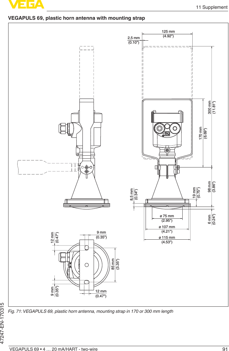 9111 SupplementVEGAPULS 69 • 4 … 20 mA/HART - two-wire47247-EN-170315VEGAPULS 69, plastic horn antenna with mounting strap125 mm(4.92&quot;)2,5 mm(0.10&quot;)ø 75 mm(2.95&quot;)ø 107 mm(4.21&quot;)ø 115 mm(4.53&quot;)300 mm(11.81&quot;)19 mm(0.75&quot;)98 mm(3.86&quot;)6 mm(0.24&quot;)8,5 mm(0.34&quot;)9 mm(0.35&quot;)85 mm(3.35&quot;)12 mm(0.47&quot;)9 mm(0.35&quot;)12 mm(0.47&quot;)170 mm(6.69&quot;)Fig.71:VEGAPULS69,plastichornantenna,mountingstrapin170or300mmlength