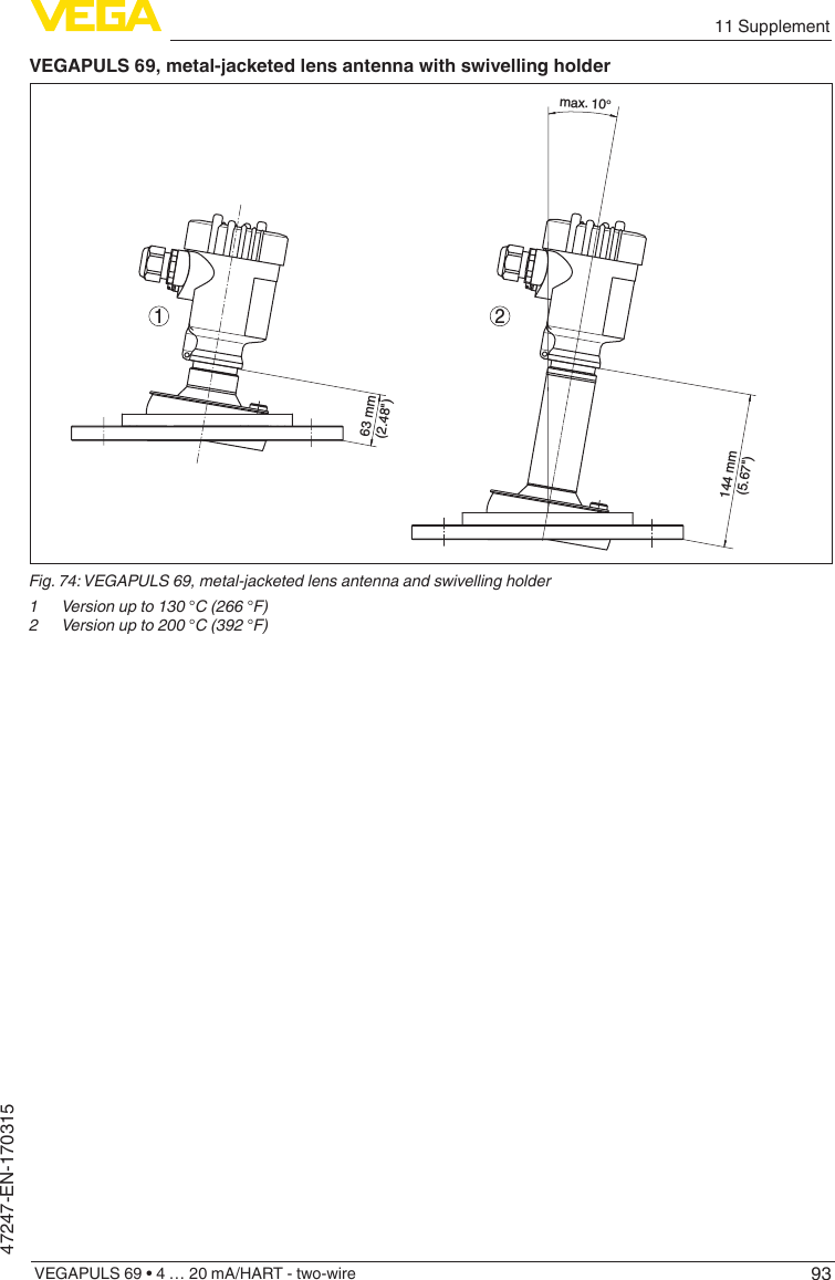 9311 SupplementVEGAPULS 69 • 4 … 20 mA/HART - two-wire47247-EN-170315VEGAPULS 69, metal-jacketed lens antenna with swivelling holdermax. 10°144 mm (5.67&quot;)63 mm(2.48&quot;)21Fig.74:VEGAPULS69,metal-jacketedlensantennaandswivellingholder1 Versionupto130°C(266°F)2 Versionupto200°C(392°F)