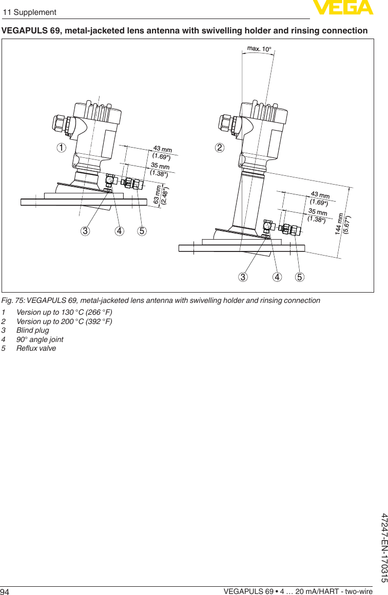 9411 SupplementVEGAPULS 69 • 4 … 20 mA/HART - two-wire47247-EN-170315VEGAPULS 69, metal-jacketed lens antenna with swivelling holder and rinsing connectionmax. 10°35 mm(1.38&quot;)43 mm(1.69&quot;)35 mm(1.38&quot;)43 mm(1.69&quot;)213 4 53 4 5144 mm (5.67&quot;)63 mm(2.48&quot;)Fig.75:VEGAPULS69,metal-jacketedlensantennawithswivellingholderandrinsingconnection1 Versionupto130°C(266°F)2 Versionupto200°C(392°F)3 Blindplug4 90°anglejoint5 Reuxvalve