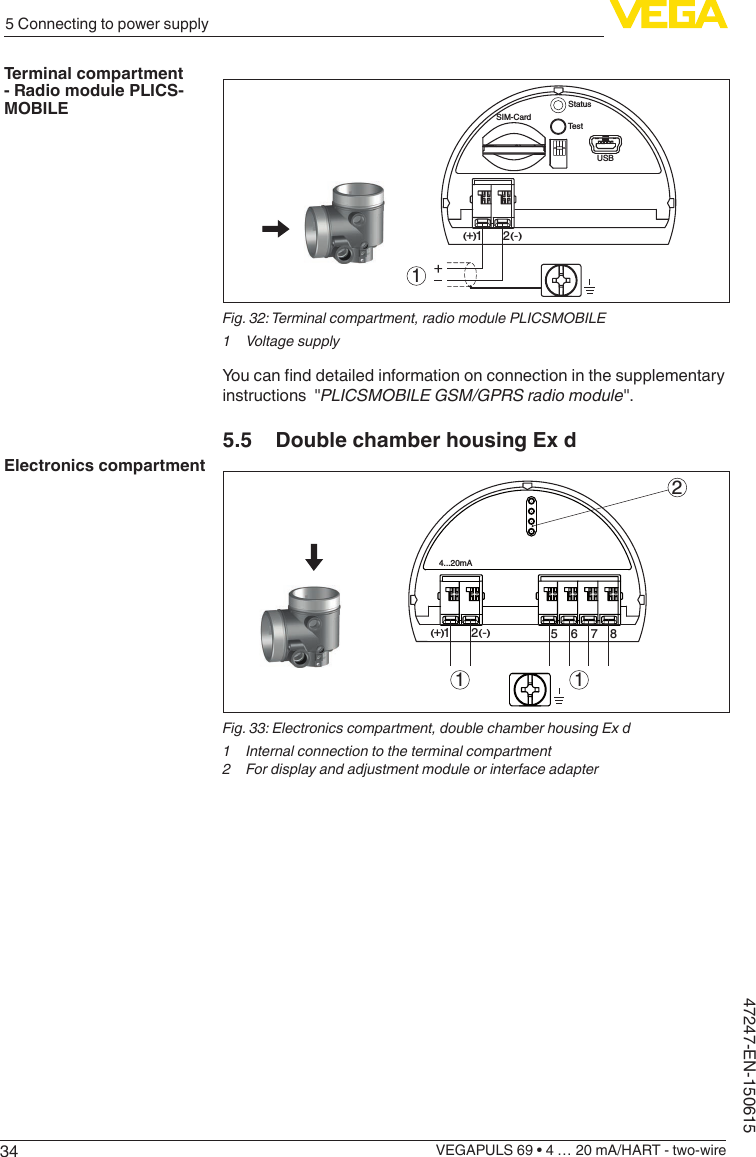 345 Connecting to power supplyVEGAPULS 69 • 4 … 20 mA/HART - two-wire47247-EN-1506151USBStatusTe stSIM-Card12+(  ) (-)Fig.32:Terminalcompartment,radiomodulePLICSMOBILE1  Voltage supplyYoucannddetailedinformationonconnectioninthesupplementaryinstructions  &quot;PLICSMOBILEGSM/GPRSradiomodule&quot;.5.5  Double chamber housing Ex d56784...20mA212+(  ) (-)11Fig.33:Electronicscompartment,doublechamberhousingExd1  Internal connection to the terminal compartment2  For display and adjustment module or interface adapterTerminal compartment - Radio module PLICS-MOBILEElectronics compartment