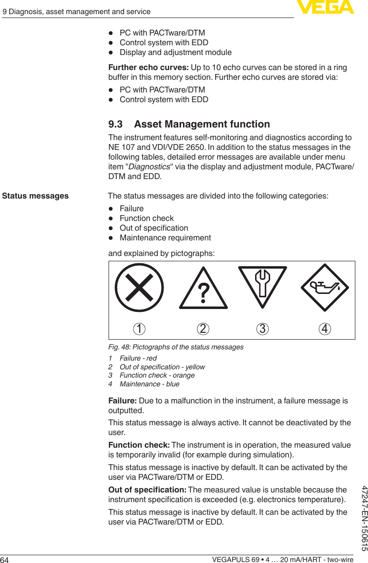 649 Diagnosis, asset management and serviceVEGAPULS 69 • 4 … 20 mA/HART - two-wire47247-EN-150615•  PC with PACTware/DTM •  Control system with EDD •  Display and adjustment moduleFurther echo curves: Up to 10 echo curves can be stored in a ring buerinthismemorysection.Furtherechocurvesarestoredvia:•  PC with PACTware/DTM •  Control system with EDD 9.3  Asset Management functionThe instrument features self-monitoring and diagnostics according to NE 107 and VDI/VDE 2650. In addition to the status messages in the following tables, detailed error messages are available under menu item &quot;Diagnostics&quot; via the display and adjustment module, PACTware/DTM and EDD.The status messages are divided into the following categories:•  Failure•  Function check•  Outofspecication•  Maintenance requirementand explained by pictographs:41 2 3Fig. 48: Pictographs of the status messages1  Failure - red2 Outofspecication-yellow3  Function check - orange4  Maintenance - blueFailure: Due to a malfunction in the instrument, a failure message is outputted.This status message is always active. It cannot be deactivated by the user.Function check: The instrument is in operation, the measured value is temporarily invalid (for example during simulation).This status message is inactive by default. It can be activated by the user via PACTware/DTM or EDD.Outofspecication: The measured value is unstable because the instrumentspecicationisexceeded(e.g.electronicstemperature).This status message is inactive by default. It can be activated by the user via PACTware/DTM or EDD.Status messages