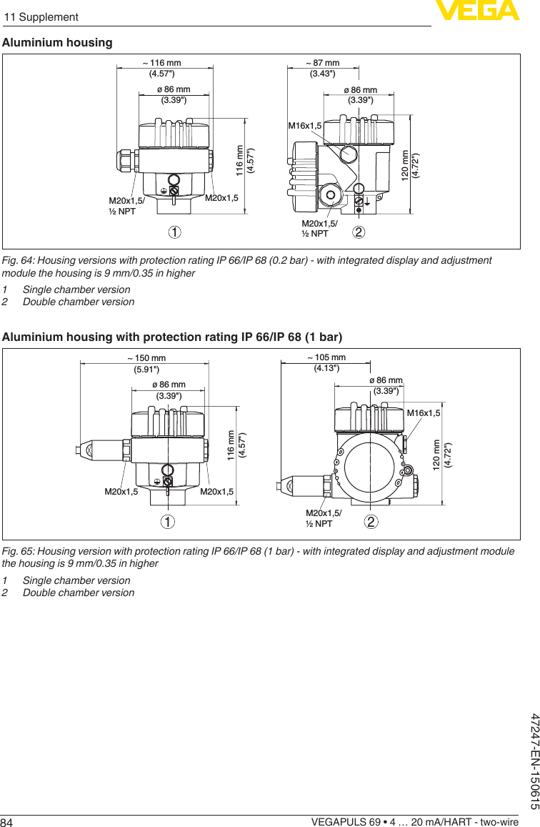 8411 SupplementVEGAPULS 69 • 4 … 20 mA/HART - two-wire47247-EN-150615Aluminium housing21ø 86 mm(3.39&quot;)~ 116 mm(4.57&quot;)116 mm(4.57&quot;)M20x1,5M20x1,5/½ NPT~ 87 mm(3.43&quot;)M16x1,5ø 86 mm(3.39&quot;)120 mm(4.72&quot;)M20x1,5/½ NPTFig.64:HousingversionswithprotectionratingIP66/IP68(0.2bar)-withintegrateddisplayandadjustmentmodulethehousingis9mm/0.35inhigher1  Single chamber version2  Double chamber versionAluminium housing with protection rating IP 66/IP 68 (1 bar)120 mm(4.72&quot;)~ 105 mm(4.13&quot;)116 mm(4.57&quot;)~ 150 mm(5.91&quot;)ø 86 mm(3.39&quot;)ø 86 mm(3.39&quot;)M20x1,5/½ NPTM16x1,52M20x1,5M20x1,51Fig.65:HousingversionwithprotectionratingIP66/IP68(1bar)-withintegrateddisplayandadjustmentmodulethehousingis9mm/0.35inhigher1  Single chamber version2  Double chamber version