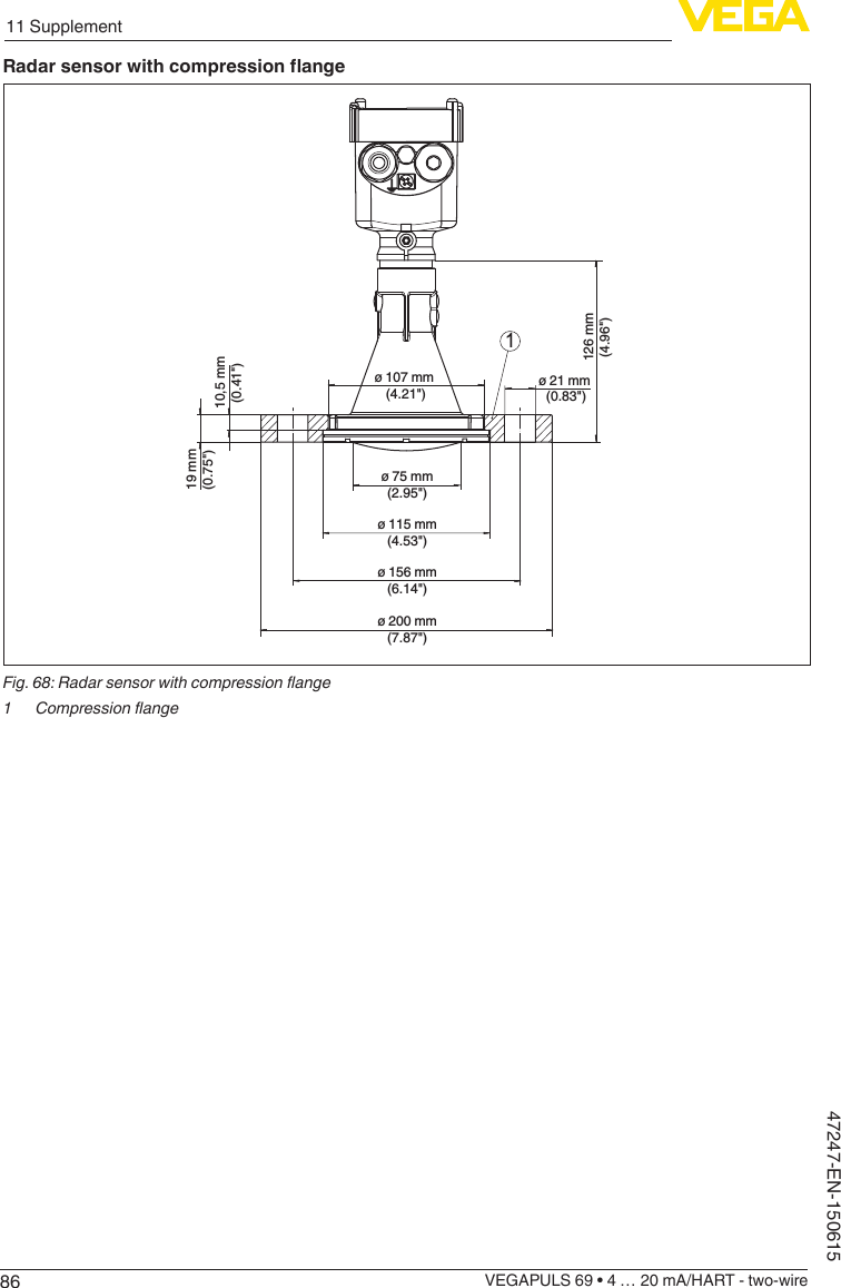 8611 SupplementVEGAPULS 69 • 4 … 20 mA/HART - two-wire47247-EN-150615Radarsensorwithcompressionange126 mm(4.96&quot;)10,5 mm(0.41&quot;)19 mm(0.75&quot;)ø 75 mm(2.95&quot;)ø 115 mm(4.53&quot;)ø 156 mm(6.14&quot;)ø 200 mm(7.87&quot;)ø 21 mm (0.83&quot;)ø 107 mm (4.21&quot;)1Fig.68:Radarsensorwithcompressionange1 Compressionange