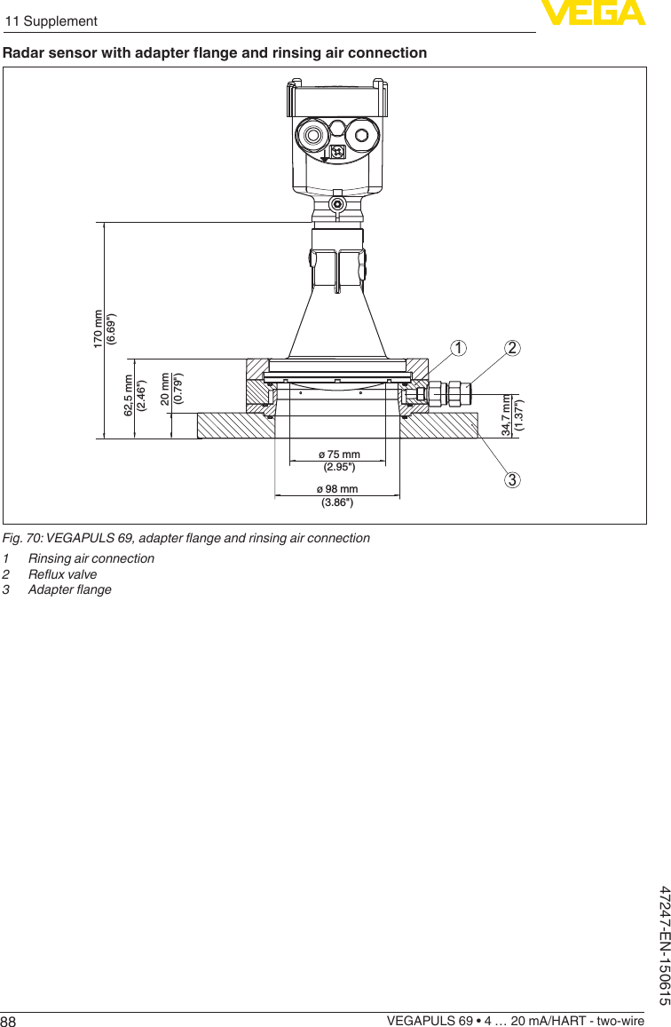 8811 SupplementVEGAPULS 69 • 4 … 20 mA/HART - two-wire47247-EN-150615Radarsensorwithadapterangeandrinsingairconnection321170 mm(6.69&quot;)62,5 mm(2.46&quot;)20 mm(0.79&quot;)34,7 mm(1.37&quot;)ø 75 mm(2.95&quot;)ø 98 mm(3.86&quot;)Fig.70:VEGAPULS69,adapterangeandrinsingairconnection1  Rinsing air connection2 Reuxvalve3 Adapterange