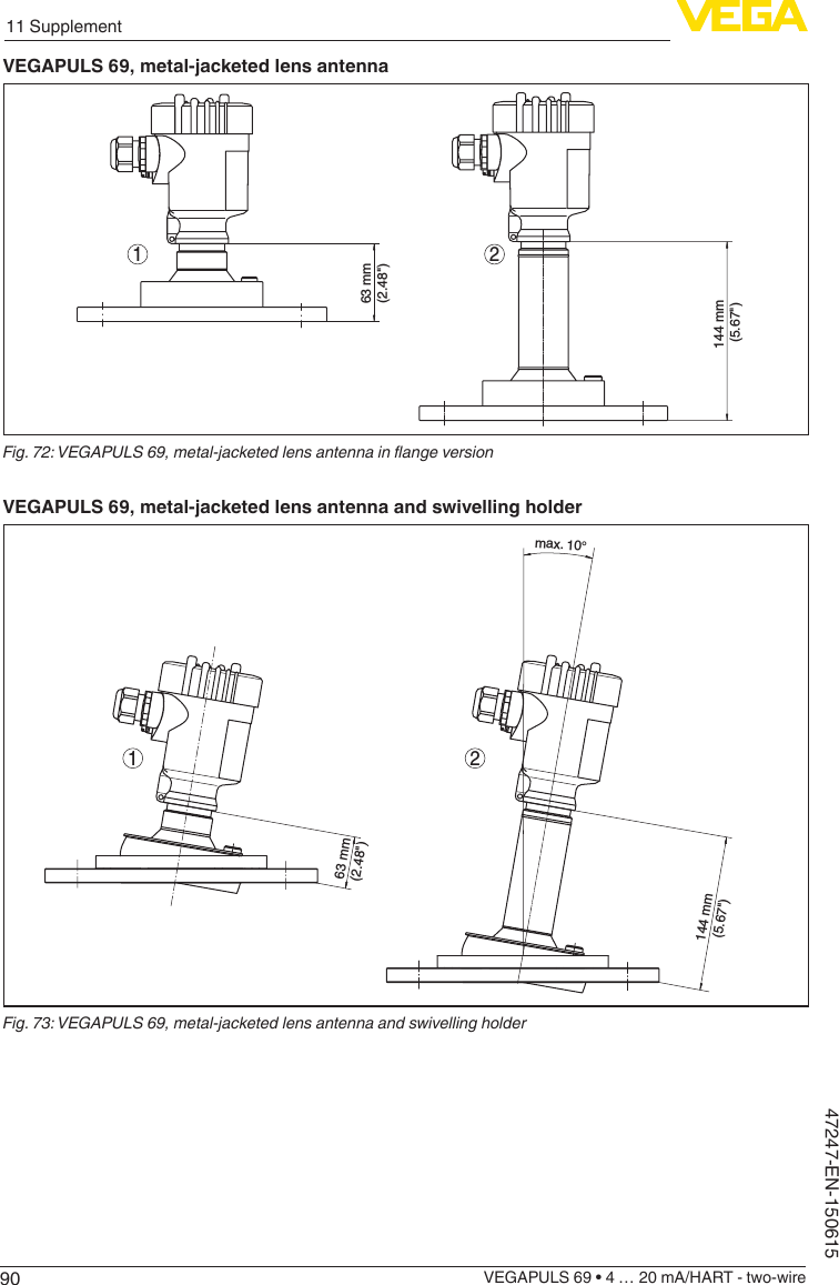 9011 SupplementVEGAPULS 69 • 4 … 20 mA/HART - two-wire47247-EN-150615VEGAPULS 69, metal-jacketed lens antenna21144 mm (5.67&quot;)63 mm(2.48&quot;)Fig.72:VEGAPULS69,metal-jacketedlensantennainangeversionVEGAPULS 69, metal-jacketed lens antenna and swivelling holdermax. 10°144 mm (5.67&quot;)63 mm(2.48&quot;)21Fig.73:VEGAPULS69,metal-jacketedlensantennaandswivellingholder