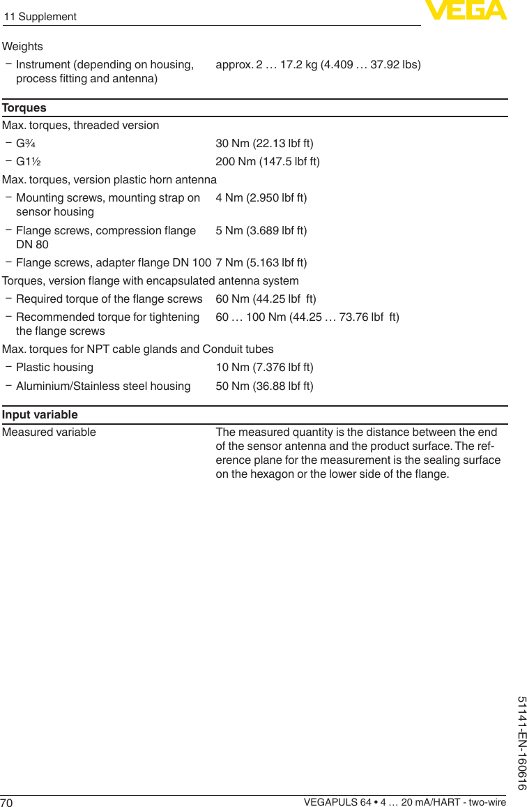 7011 SupplementVEGAPULS 64 • 4 … 20 mA/HART - two-wire51141-EN-160616Weights ƲInstrument (depending on housing, processttingandantenna)approx. 2 … 17.2 kg (4.409 … 37.92 lbs)TorquesMax. torques, threaded version ƲG¾ 30 Nm (22.13 lbf ft) ƲG1½ 200 Nm (147.5 lbf ft)Max. torques, version plastic horn antenna ƲMounting screws, mounting strap on sensor housing4 Nm (2.950 lbf ft) Ʋ Flangescrews,compressionangeDN 805 Nm (3.689 lbf ft) Ʋ Flangescrews,adapterangeDN100 7 Nm (5.163 lbf ft)Torques,versionangewithencapsulatedantennasystem Ʋ Requiredtorqueoftheangescrews 60 Nm (44.25 lbf  ft) ƲRecommended torque for tightening theangescrews60 … 100 Nm (44.25 … 73.76 lbf  ft)Max. torques for NPT cable glands and Conduit tubes ƲPlastic housing 10 Nm (7.376 lbf ft) ƲAluminium/Stainless steel housing 50 Nm (36.88 lbf ft)Input variableMeasured variable The measured quantity is the distance between the end of the sensor antenna and the product surface. The ref-erence plane for the measurement is the sealing surface onthehexagonorthelowersideoftheange.