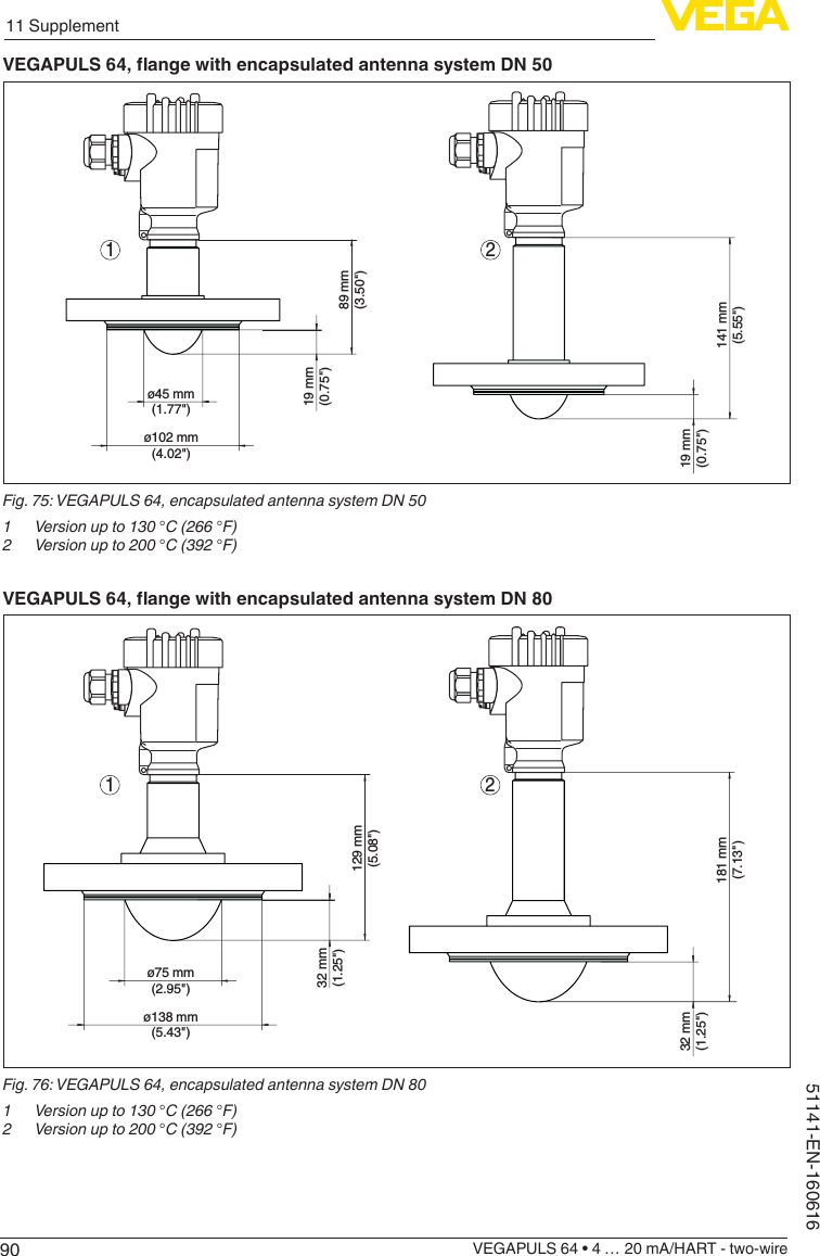 9011 SupplementVEGAPULS 64 • 4 … 20 mA/HART - two-wire51141-EN-160616VEGAPULS64,angewithencapsulatedantennasystemDN5021141 mm(5.55&quot;)89 mm(3.50&quot;)19 mm(0.75&quot;)ø45 mm(1.77&quot;)ø102 mm(4.02&quot;)19 mm(0.75&quot;)Fig. 75: VEGAPULS 64, encapsulated antenna system DN 501  Version up to 130 °C (266 °F)2  Version up to 200 °C (392 °F)VEGAPULS64,angewithencapsulatedantennasystemDN80181 mm(7.13&quot;)129 mm(5.08&quot;)32 mm(1.25&quot;)ø75 mm(2.95&quot;)ø138 mm(5.43&quot;)32 mm(1.25&quot;)21Fig. 76: VEGAPULS 64, encapsulated antenna system DN 801  Version up to 130 °C (266 °F)2  Version up to 200 °C (392 °F)