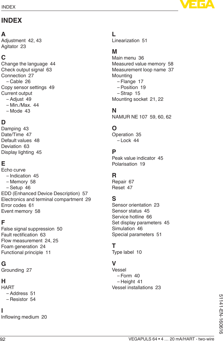 92INDEXVEGAPULS 64 • 4 … 20 mA/HART - two-wire51141-EN-160616INDEXAAdjustment  42, 43Agitator  23CChange the language  44Check output signal  63Connection  27 – Cable  26Copy sensor settings  49Current output – Adjust  49 – Min./Max.  44 – Mode  43DDamping  43Date/Time  47Default values  48Deviation  63Display lighting  45EEcho curve – Indication  45 – Memory  58 – Setup  46EDD (Enhanced Device Description)  57Electronics and terminal compartment  29Error codes  61Event memory  58FFalse signal suppression  50Faultrectication63Flow measurement  24, 25Foam generation  24Functional principle  11GGrounding  27HHART – Address  51 – Resistor  54IInowingmedium20LLinearization51MMain menu  36Measured value memory  58Measurement loop name  37Mounting – Flange  17 – Position  19 – Strap  15Mounting socket  21, 22NNAMUR NE 107  59, 60, 62OOperation  35 – Lock  44PPeak value indicator  45Polarisation  19RRepair  67Reset  47SSensor orientation  23Sensor status  45Service hotline  66Set display parameters  45Simulation  46Special parameters  51TType label  10VVessel – Form  40 – Height  41Vessel installations  23