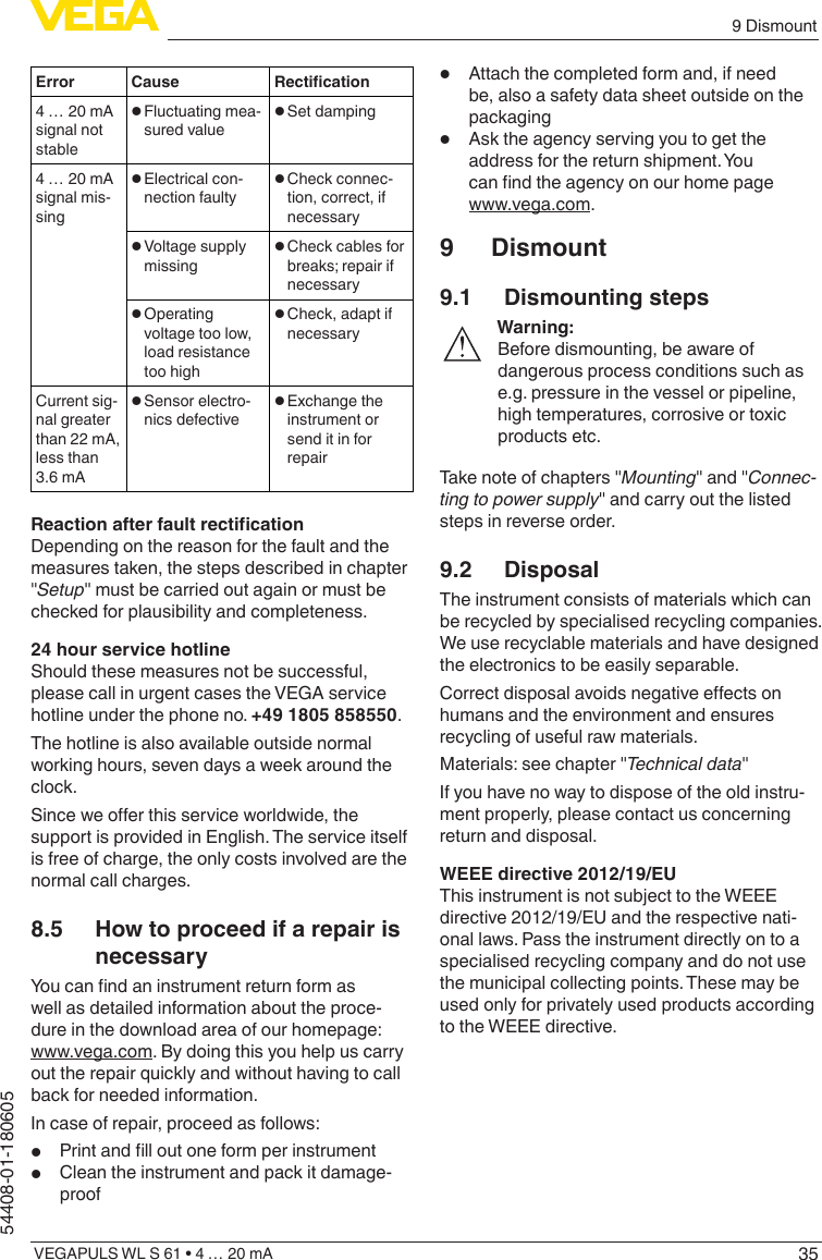 359 DismountVEGAPULS WL S 61 • 4 … 20 mA54408-01-180605Error Cause Rectication4 … 20 mA signal not stable• Fluctuating mea-sured value • Set damping4 … 20 mA signal mis-sing• Electrical con-nection faulty • Check connec-tion, correct, if necessary• Voltage supply missing • Check cables for breaks; repair if necessary• Operating voltage too low, load resistance too high• Check, adapt if necessaryCurrent sig-nal greater than 22 mA, less than 3.6 mA• Sensor electro-nics defective • Exchange the instrument or send it in for repairReactionafterfaultrecticationDepending on the reason for the fault and the measures taken, the steps described in chapter &quot;Setup&quot; must be carried out again or must be checked for plausibility and completeness.24 hour service hotlineShould these measures not be successful, please call in urgent cases the VEGA service hotline under the phone no. +49 1805 858550.The hotline is also available outside normal working hours, seven days a week around the clock.Since we oer this service worldwide, the support is provided in English. The service itself is free of charge, the only costs involved are the normal call charges.8.5  How to proceed if a repair is necessaryYou can nd an instrument return form as well as detailed information about the proce-dure in the download area of our homepage: www.vega.com. By doing this you help us carry out the repair quickly and without having to call back for needed information.In case of repair, proceed as follows:•  Print and ll out one form per instrument•  Clean the instrument and pack it damage-proof•  Attach the completed form and, if need be, also a safety data sheet outside on the packaging•  Ask the agency serving you to get the address for the return shipment. You can nd the agency on our home page www.vega.com.9 Dismount9.1  Dismounting stepsWarning:Before dismounting, be aware of dangerous process conditions such as e.g. pressure in the vessel or pipeline, high temperatures, corrosive or toxic products etc.Take note of chapters &quot;Mounting&quot; and &quot;Connec-ting to power supply&quot; and carry out the listed steps in reverse order.9.2 DisposalThe instrument consists of materials which can be recycled by specialised recycling companies. We use recyclable materials and have designed the electronics to be easily separable.Correct disposal avoids negative eects on humans and the environment and ensures recycling of useful raw materials.Materials: see chapter &quot;Technical data&quot;If you have no way to dispose of the old instru-ment properly, please contact us concerning return and disposal.WEEE directive 2012/19/EUThis instrument is not subject to the WEEE directive 2012/19/EU and the respective nati-onal laws. Pass the instrument directly on to a specialised recycling company and do not use the municipal collecting points. These may be used only for privately used products according to the WEEE directive.