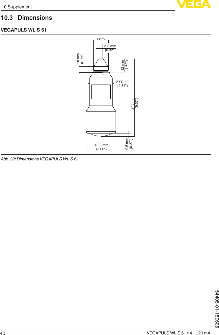 4010 SupplementVEGAPULS WL S 61 • 4 … 20 mA54408-01-18060510.3 DimensionsVEGAPULS WL S 619,5 mm(0.37&quot;) 243 mm(9.57&quot;)43 mm(1.69&quot;)18 mm(0.71&quot;)ø 72 mm(2.84&quot;)ø 8 mm(0.32&quot;)G1½ø 93 mm(3.66&quot;)Abb. 32: Dimensions VEGAPULS WL S 61