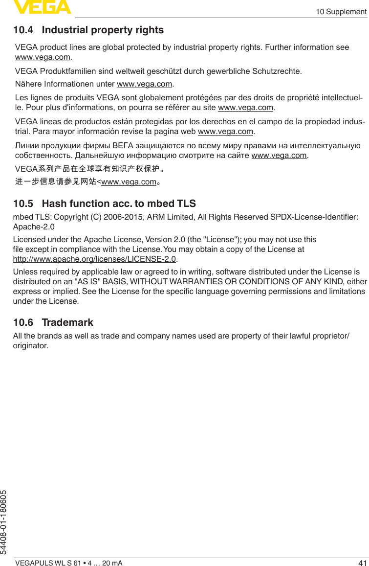 4110 SupplementVEGAPULS WL S 61 • 4 … 20 mA54408-01-18060510.4  Industrial property rightsVEGA product lines are global protected by industrial property rights. Further information see www.vega.com.VEGA Produktfamilien sind weltweit geschützt durch gewerbliche Schutzrechte.Nähere Informationen unter www.vega.com.Les lignes de produits VEGA sont globalement protégées par des droits de propriété intellectuel-le. Pour plus d&apos;informations, on pourra se référer au site www.vega.com.VEGA lineas de productos están protegidas por los derechos en el campo de la propiedad indus-trial. Para mayor información revise la pagina web www.vega.com.Линии продукции фирмы ВЕГА защищаются по всему миру правами на интеллектуальную собственность. Дальнейшую информацию смотрите на сайте www.vega.com.VEGA系列产品在全球享有知识产权保护。进一步信息请参见网站&lt;www.vega.com。10.5  Hash function acc. to mbed TLSmbed TLS: Copyright (C) 2006-2015, ARM Limited, All Rights Reserved SPDX-License-Identier: Apache-2.0Licensed under the Apache License, Version 2.0 (the &quot;License&quot;); you may not use this le except in compliance with the License. You may obtain a copy of the License at http://www.apache.org/licenses/LICENSE-2.0.Unless required by applicable law or agreed to in writing, software distributed under the License is distributed on an &quot;AS IS&quot; BASIS, WITHOUT WARRANTIES OR CONDITIONS OF ANY KIND, either express or implied. See the License for the specic language governing permissions and limitations under the License.10.6 TrademarkAll the brands as well as trade and company names used are property of their lawful proprietor/originator.