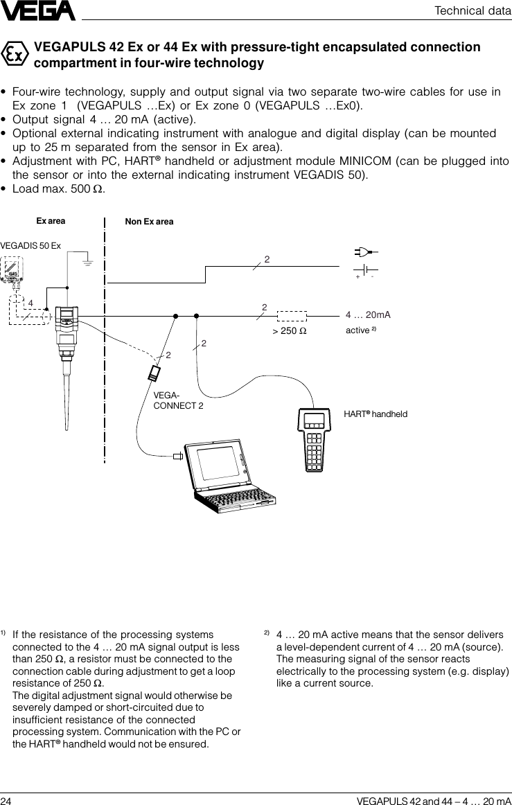 24 VEGAPULS 42 and 44 –4 … 20 mATechnical dataVEGAPULS 42 Ex or 44 Ex with pressure-tight encapsulated connectioncompartment in four-wire technology•Four-wire technology, supply and output signal via two separate two-wire cables for use inEx zone 1  (VEGAPULS …Ex) or Ex zone 0 (VEGAPULS …Ex0).•Output signal 4 … 20 mA  (active).•Optional external indicating instrument with analogue and digital display (can be mountedup to 25 m separated from the sensor in Ex area).•Adjustment with PC, HART® handheld or adjustment module MINICOM (can be plugged intothe sensor or into the external indicating instrument VEGADIS 50).•Load max. 500 W.22422-+4 … 20mA&gt; 250 Ω1) If the resistance of the processing systemsconnected to the 4 … 20 mA signal output is lessthan 250 W, a resistor must be connected to theconnection cable during adjustment to get a loopresistance of 250 W.The digital adjustment signal would otherwise beseverely damped or short-circuited due toinsufficient resistance of the connectedprocessing system. Communication with the PC orthe HART® handheld would not be ensured.VEGA-CONNECT 2VEGADIS 50 ExEx areaactive 2)HART® handheldNon Ex area2) 4 … 20 mA active means that the sensor deliversa level-dependent current of 4 … 20 mA (source).The measuring signal of the sensor reactselectrically to the processing system (e.g. display)like a current source.