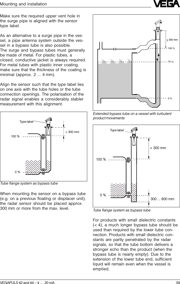 VEGAPULS 42 and 44 –4 … 20 mA 39100 %0 %&gt; 300 mmMounting and installationTube flange system as bypass tubeExtended bypass tube on a vessel with turbulentproduct movementsType label75 %0 %100 %&gt; 300 mmMake sure the required upper vent hole inthe surge pipe is aligned with the sensortype label.As an alternative to a surge pipe in the ves-sel, a pipe antenna system outside the ves-sel in a bypass tube is also possible.The surge and bypass tubes must generallybe made of metal. For plastic tubes, aclosed, conductive jacket is always required.For metal tubes with plastic inner coating,make sure that the thickness of the coating isminimal (approx. 2 … 4 mm).Align the sensor such that the type label lieson one axis with the tube holes or the tubeconnection openings. The polarisation of theradar signal enables a considerably stablermeasurement with this alignment.When mounting the sensor on a bypass tube(e.g. on a previous floating or displacer unit),the radar sensor should be placed approx.300 mm or more from the max. level.100 %0 %&gt; 300 mm300 ... 800 mmTube flange system as bypass tubeType labelFor products with small dielectric constants(&lt; 4), a much longer bypass tube should beused than required by the lower tube con-nection. Products with small dielectric con-stants are partly penetrated by the radarsignals, so that the tube bottom delivers astronger echo than the product (when thebypass tube is nearly empty). Due to theextension of the lower tube end, sufficientliquid will remain even when the vessel isemptied.