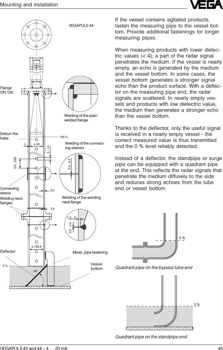 VEGAPULS 42 and 44 –4 … 20 mA 45Mounting and installation0 %~45˚ø 100,80,0…0,41,5…23,60,0…0,4150…5005…103,6ø 952100 %VEGAPULS 44FlangeDN 100ConnectingsleeveWelding neckflangesWelding of the plainwelded flangeWelding of the connect-ing sleevesMeas. pipe fasteningVesselbottomDeflectorDeburr theholesIf the vessel contains agitated products,fasten the measuring pipe to the vessel bot-tom. Provide additional fastenings for longermeasuring pipes.When measuring products with lower dielec-tric values (&lt; 4), a part of the radar signalpenetrates the medium. If the vessel is nearlyempty, an echo is generated by the mediumand the vessel bottom. In some cases, thevessel bottom generates a stronger signalecho than the product surface. With a deflec-tor on the measuring pipe end, the radarsignals are scattered. In nearly empty ves-sels and products with low dielectric value,the medium then generates a stronger echothan the vessel bottom.Thanks to the deflector, only the useful signalis received in a nearly empty vessel - thecorrect measured value is thus transmittedand the 0 % level reliably detected.Instead of a deflector, the standpipe or surgepipe can be equipped with a quadrant pipeat the end. This reflects the radar signals thatpenetrate the medium diffusely to the sideand reduces strong echoes from the tubeend or vessel bottom.Welding of the weldingneck flange0 %0 %Quadrant pipe on the bypass tube endQuadrant pipe on the standpipe end