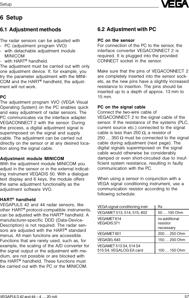 VEGAPULS 42 and 44 –4 … 20 mA 57SetupVEGA signal conditioning instr RxVEGAMET 513, 514, 515, 602 50 … 100 OhmVEGAMET 614 no additionalVEGADIS 371 resistornecessaryVEGAMET 601 200 … 250 OhmVEGASEL 643 150 … 200 OhmVEGAMET 513 S4, 514 S4515 S4, VEGALOG EA card 100 … 150 Ohm6.2 Adjustment with PCPC on the sensorFor connection of the PC to the sensor, theinterface converter VEGACONNECT 2 isrequired. It is plugged into the providedCONNECT socket in the sensor.Make sure that the pins of VEGACONNECT 2are completely inserted into the sensor sock-ets, as the new pins have a slightly increasedresistance to insertion. The pins should beinserted up to a depth of approx. 13 mm to15 mm.PC on the signal cableConnect the two-wire cable ofVEGACONNECT 2 to the signal cable of thesensor. If the resistance of the systems (PLC,current source etc.) connected to the signalcable is less than 250 W, a resistor of250 … 350 W must be connected to the signalcable during adjustment (next page). Thedigital signals superimposed on the signalcable would otherwise be considerablydamped or even short-circuited due to insuf-ficient system resistance, resulting in faultycommunication with the PC.When using a sensor in conjunction with aVEGA signal conditioning instrument, use acommunication resistor according to thefollowing schedule:6 Setup6.1 Adjustment methodsThe radar sensors can be adjusted with- PC (adjustment program VVO)- with detachable adjustment moduleMINICOM- with HART® handheld.The adjustment must be carried out with onlyone adjustment device. If, for example, youtry the parameter adjustment with the MINI-COM and the HART® handheld, the adjust-ment will not work.PCThe adjustment program VVO (VEGA VisualOperating System) on the PC enables quickand easy adjustment of radar sensors. ThePC communicates via the interface adapterVEGACONNECT 2 with the sensor. Duringthe process, a digital adjustment signal issuperimposed on the signal and supplycable. The adjustment can be carried outdirectly on the sensor or at any desired loca-tion along the signal cable.Adjustment module MINICOMWith the adjustment module MINICOM youadjust in the sensor or in the external indicat-ing instrument VEGADIS 50. With a dialoguetext display and 6 keys, the module offersthe same adjustment functionality as theadjustment software VVO.HART® handheldVEGAPULS 42 and 44 radar sensors, likeother HART® protocol-compatible instruments,can be adjusted with the HART® handheld. Amanufacturer-specific DDD (Data-Device-Description) is not required. The radar sen-sors are adjusted with the HART® standardmenus. All main functions are accessible.Functions that are rarely used, such as, forexample, the scaling of the A/D converter forthe signal output or the adjustment with me-dium, are not possible or are blocked withthe HART® handheld. These functions mustbe carried out with the PC or the MINICOM.