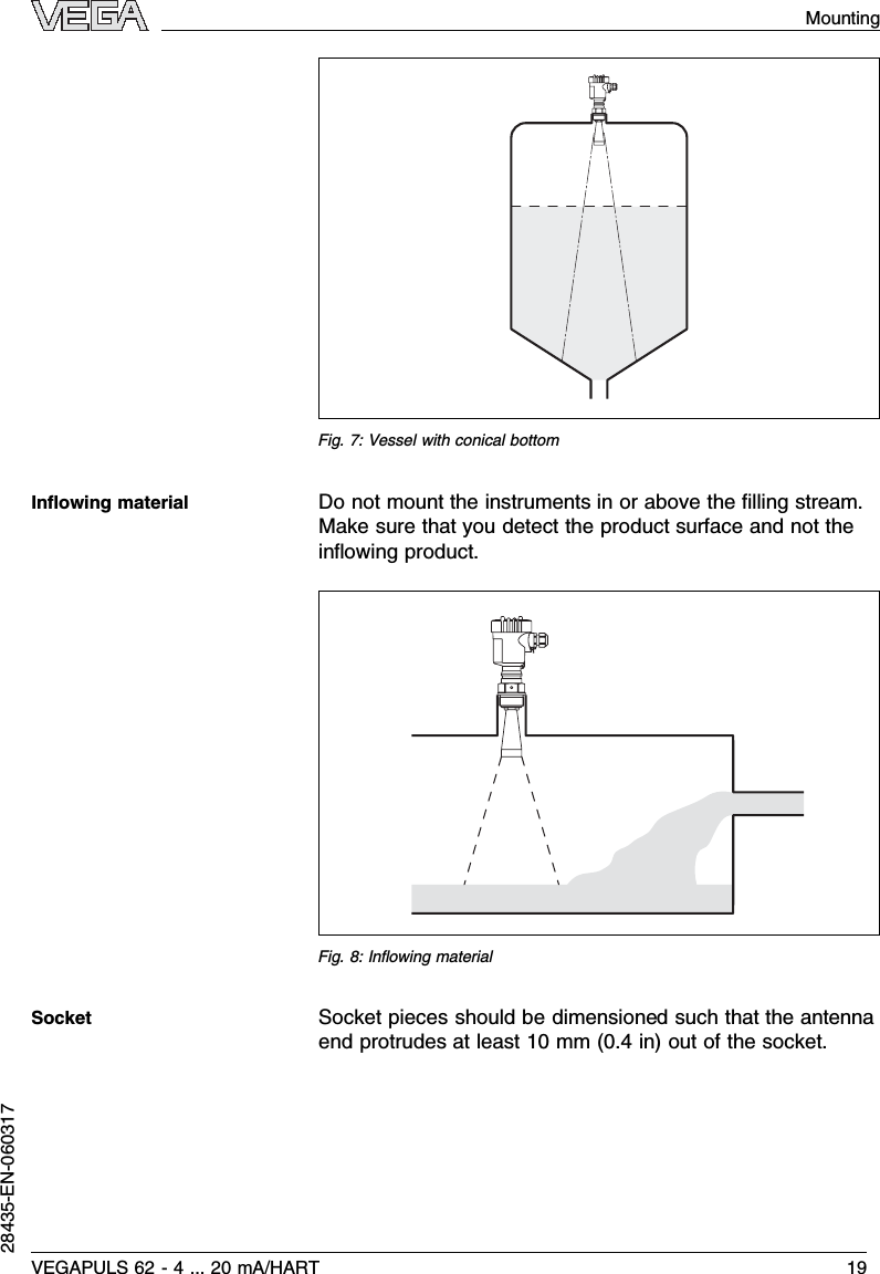 Fig.7:Vessel with conical bottomDo not mount the instruments in or above the ﬁlling stream.Make sure that you detect the product surface and not theinﬂowing product.Fig.8:Inﬂowing materialSocket pieces should be dimensioned such that the antennaend protrudes at least 10 mm (0.4in)out of the socket.Inﬂowing materialSocketVEGAPULS 62 -4... 20 mA/HART 19Mounting28435-EN-060317