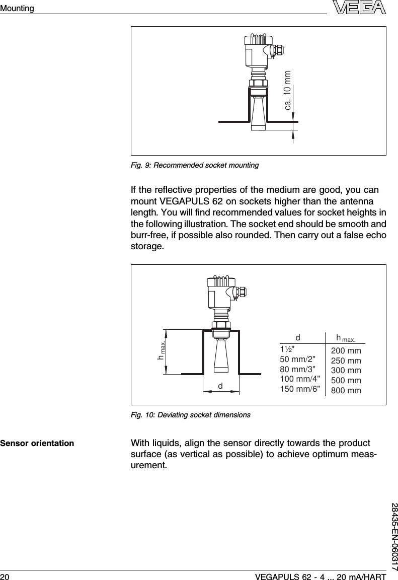 ca. 10 mmFig.9:Recommended socket mountingIf the reﬂective properties of the medium are good,you canmount VEGAPULS 62 on sockets higher than the antennalength.You will ﬁnd recommended values for socket heights inthe following illustration.The socket end should be smooth andburr-free,if possible also rounded.Then carry out a false echostorage.dhmax.d1½&quot;50 mm/2&quot;80 mm/3&quot;100 mm/4&quot;150 mm/6&quot;200 mm250 mm300 mm500 mm800 mmhmax.Fig.10:Deviating socket dimensionsWith liquids,align the sensor directly towards the productsurface (as vertical as possible)to achieve optimum meas-urement.Sensor orientation20 VEGAPULS 62 -4... 20 mA/HARTMounting28435-EN-060317