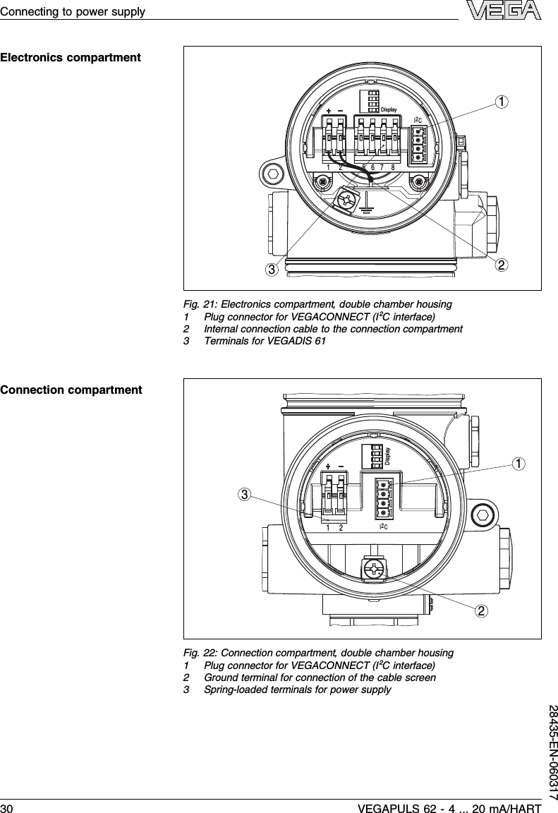 132Display12 5678I2CFig.21:Electronics compartment,double chamber housing1Plug connector for VEGACONNECT (I²Cinterface)2Internal connection cable to the connection compartment3Terminals for VEGADIS 61312Display12I2CFig.22:Connection compartment,double chamber housing1Plug connector for VEGACONNECT (I²Cinterface)2Ground terminal for connection of the cable screen3Spring-loaded terminals for power supplyElectronics compartmentConnection compartmentConnecting to power supply30 VEGAPULS 62 -4... 20 mA/HART28435-EN-060317