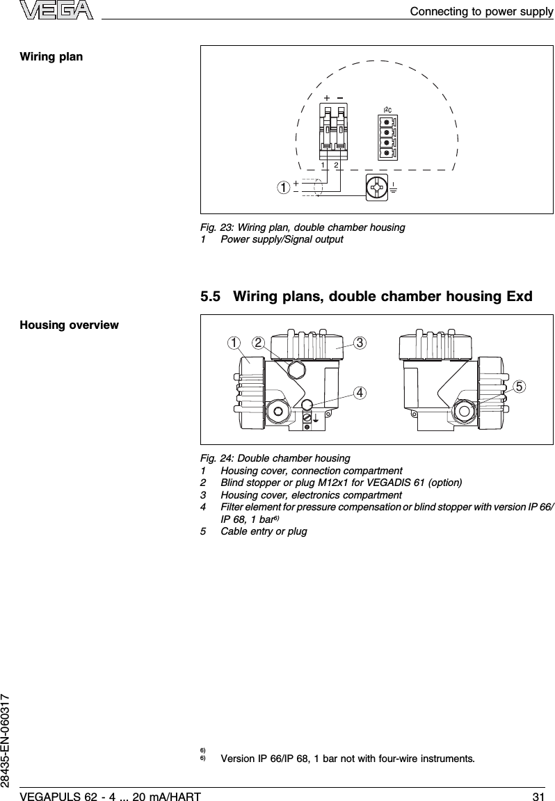 I2C112Fig.23:Wiring plan,double chamber housing1Power supply/Signal output5.5Wiring plans,double chamber housing Exd1 2 345Fig.24:Double chamber housing1Housing cover,connection compartment2Blind stopper or plug M12x1for VEGADIS 61 (option)3Housing cover,electronics compartment4Filter element for pressure compensation or blind stopper with version IP 66/IP 68,1bar6)5Cable entry or plug6)6)Version IP 66/IP 68,1bar not with four-wire instruments.Wiring planHousing overviewConnecting to power supplyVEGAPULS 62 -4... 20 mA/HART 3128435-EN-060317