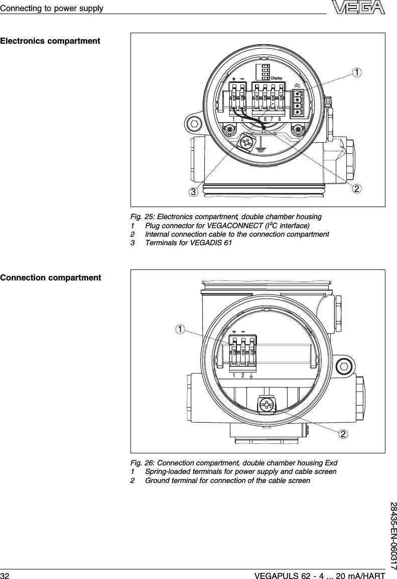 132Display12 5678I2CFig.25:Electronics compartment,double chamber housing1Plug connector for VEGACONNECT (I²Cinterface)2Internal connection cable to the connection compartment3Terminals for VEGADIS 611212Fig.26:Connection compartment,double chamber housing Exd1Spring-loaded terminals for power supply and cable screen2Ground terminal for connection of the cable screenElectronics compartmentConnection compartmentConnecting to power supply32 VEGAPULS 62 -4... 20 mA/HART28435-EN-060317