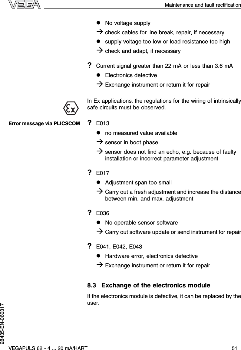 lNo voltage supplyàcheck cables for line break,repair,if necessarylsupply voltage too low or load resistance too highàcheck and adapt,if necessary?Current signal greater than 22 mAor less than 3.6mAlElectronics defectiveàExchange instrument or return it for repairInEx applications,the regulations for the wiring of intrinsicallysafe circuits must be observed.?E013lno measured value availableàsensor in boot phaseàsensor does not ﬁnd an echo,e.g.because of faultyinstallation or incorrect parameter adjustment?E017lAdjustment span too smallàCarry out a fresh adjustment and increase the distancebetween min.and max.adjustment?E036lNo operable sensor softwareàCarry out software update or send instrument for repair?E041,E042,E043lHardware error,electronics defectiveàExchange instrument or return it for repair8.3Exchange of the electronics moduleIf the electronics module is defective,it can be replaced by theuser.Error message via PLICSCOMMaintenance and fault rectiﬁcationVEGAPULS 62 -4... 20 mA/HART 5128435-EN-060317