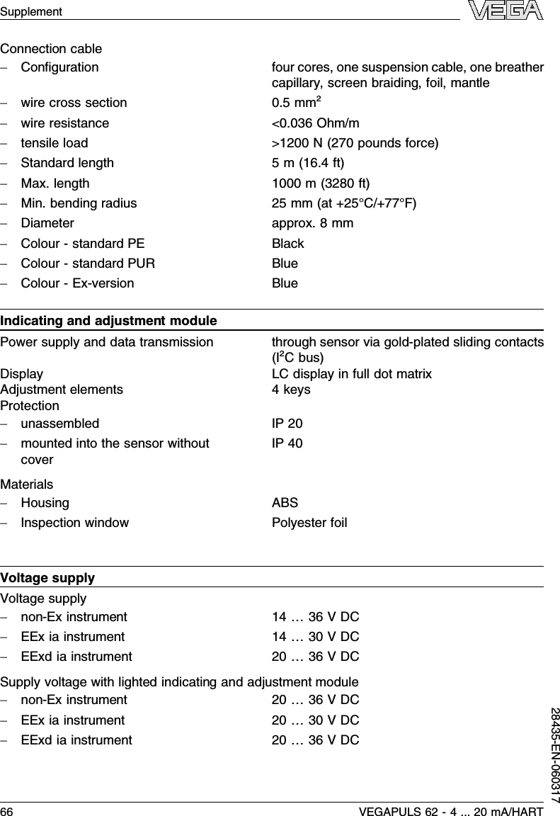Connection cable-Conﬁguration four cores,one suspension cable,one breathercapillary,screen braiding,foil,mantle-wire cross section 0.5mm²-wire resistance &lt;0.036 Ohm/m-tensile load &gt;1200 N(270 pounds force)-Standard length 5m(16.4ft)-Max.length 1000 m(3280 ft)-Min.bending radius 25 mm (at +25°C/+77°F)-Diameter approx.8mm-Colour -standard PE Black-Colour -standard PUR Blue-Colour -Ex-version BlueIndicating and adjustment modulePower supply and data transmission through sensor via gold-plated sliding contacts(I²Cbus)Display LC display in full dot matrixAdjustment elements 4keysProtection-unassembled IP 20-mounted into the sensor withoutcoverIP 40Materials-Housing ABS-Inspection window Polyester foilVoltage supplyVoltage supply-non-Ex instrument 14 …36 VDC-EEx ia instrument 14 …30 VDC-EExd ia instrument 20 …36 VDCSupply voltage with lighted indicating and adjustment module-non-Ex instrument 20 …36 VDC-EEx ia instrument 20 …30 VDC-EExd ia instrument 20 …36 VDCSupplement66 VEGAPULS 62 -4... 20 mA/HART28435-EN-060317