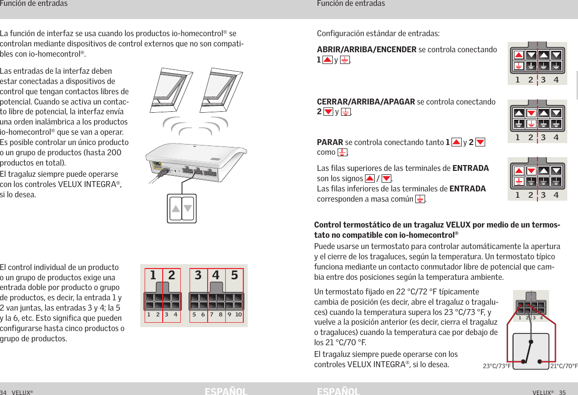 CA  B  C  D  E       1  2  3  4       5  6  7  8  9  10   A  B  C  D  E       1  2  3  4       5  6  7  8  9  10   ETHERNETETHERNETRESETRESETUSBUSB5 6 7 8 9 10A B C D E1 2 3 41 2 3 4 55 6 7 8 9 10A B C D E1 2 3 45 6 7 8 9 10A B C D E1 2 3 45 6 7 8 9 10A B C D E1 2 3 45 6 7 8 9 10A B C D E 1 2 3 434   VELUX®VELUX®   35ESPAÑOL ESPAÑOLLas entradas de la interfaz deben estar conectadas a dispositivos de control que tengan contactos libres de potencial. Cuando se activa un contac-to libre de potencial, la interfaz envía una orden inalámbrica a los productos io-homecontrol® que se van a operar. Es posible controlar un único producto o un grupo de productos (hasta 200 productos en total).El tragaluz siempre puede operarse con los controles VELUX INTEGRA®, si lo desea.El control individual de un producto o un grupo de productos exige una entrada doble por producto o grupo de productos, es decir, la entrada 1 y 2 van juntas, las entradas 3 y 4; la 5 y la 6, etc. Esto significa que pueden configurarse hasta cinco productos o grupo de productos.La función de interfaz se usa cuando los productos io-homecontrol® se controlan mediante dispositivos de control externos que no son compati-bles con io-homecontrol®.Función de interfaz Función de entradas Función de interfaz Función de entradas Un termostato fijado en 22 °C/72 °F típicamente cambia de posición (es decir, abre el tragaluz o tragalu-ces) cuando la temperatura supera los 23 °C/73 °F, y vuelve a la posición anterior (es decir, cierra el tragaluz o tragaluces) cuando la temperatura cae por debajo de los 21 °C/70 °F.El tragaluz siempre puede operarse con los  controles VELUX INTEGRA®, si lo desea. Control termostático de un tragaluz VELUX por medio de un termos-tato no compatible con io-homecontrol®Puede usarse un termostato para controlar automáticamente la apertura y el cierre de los tragaluces, según la temperatura. Un termostato típico funciona mediante un contacto conmutador libre de potencial que cam-bia entre dos posiciones según la temperatura ambiente.Configuración estándar de entradas:ABRIR/ARRIBA/ENCENDER se controla conectando  1   y  .CERRAR/ARRIBA/APAGAR se controla conectando 2  y  .PARAR se controla conectando tanto 1   y 2   como  .Las filas superiores de las terminales de ENTRADA son los signos   /  .  Las filas inferiores de las terminales de ENTRADA corresponden a masa común  .  23°C/73°F 21°C/70°F