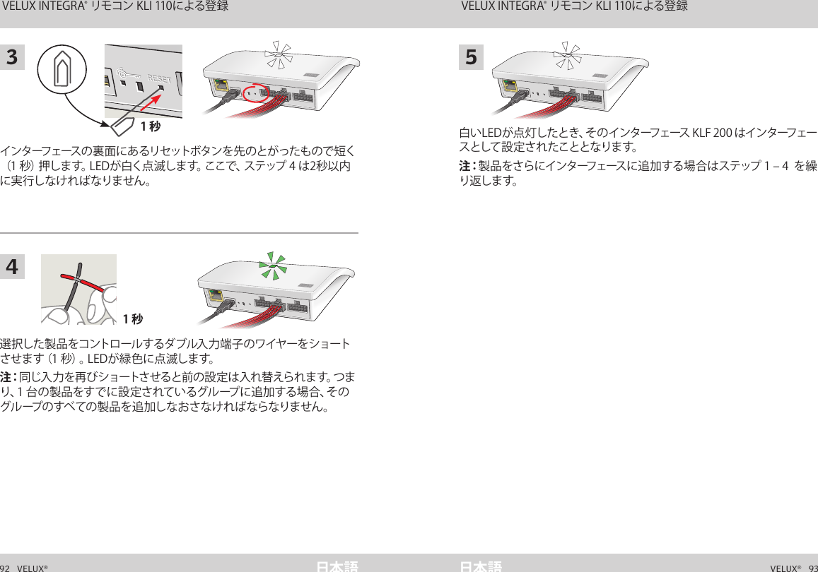 1 秒1 秒A  B  C  D  E       1  2  3  4        5  6  7  8  9  10   A  B  C  D  E       1  2  3  4        5  6  7  8  9  10   ETHERNETETHERNETRESETRESETUSBUSB92   VELUX®VELUX®   93日本語 日本語選択した製品をコントロールするダブル入力端子のワイヤーをショートさせます（1 秒）。LEDが緑色に点滅します。注：同じ入力を再びショートさせると前の設定は入れ替えられます。つまり、1 台の製品をすでに設定されているグループに追加する場合、そのグループのすべての製品を追加しなおさなければならなりません。白いLEDが点灯したとき、そのインターフェース KLF 200 はインターフェースとして設定されたこととなります。注：製品をさらにインターフェースに追加する場合はステップ 1 – 4  を繰り返します。インターフェースの裏面にあるリセットボタンを先のとがったもので短く（1 秒）押します。LEDが白く点滅します。ここで、ステップ 4 は2秒以内に実行しなければなりません。インターフェースとしての機能  VELUX INTEGRA® リモコン KLI 110による登録インターフェースとしての機能  VELUX INTEGRA® リモコン KLI 110による登録543