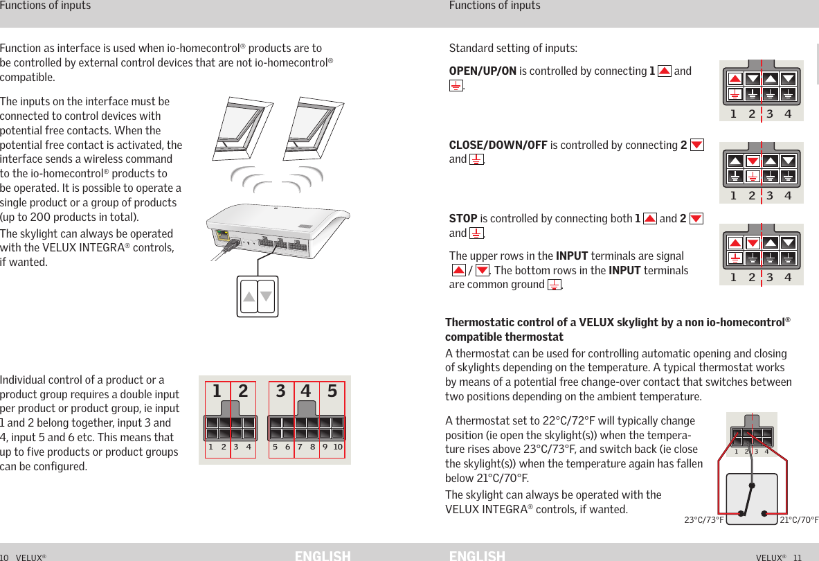 CA  B  C  D  E       1  2  3  4       5  6  7  8  9  10   A  B  C  D  E       1  2  3  4       5  6  7  8  9  10   ETHERNETETHERNETRESETRESETUSBUSB5 6 7 8 9 10A B C D E1 2 3 41 2 3 4 55 6 7 8 9 10A B C D E1 2 3 45 6 7 8 9 10A B C D E1 2 3 45 6 7 8 9 10A B C D E1 2 3 45 6 7 8 9 10A B C D E 1 2 3 410   VELUX®VELUX®   11ENGLISH ENGLISHThe inputs on the interface must be connected to control devices with potential free contacts. When the potential free contact is activated, the interface sends a wireless command to the io-homecontrol® products to be operated. It is possible to operate a single product or a group of products (up to 200 products in total).The skylight can always be operated with the VELUX INTEGRA® controls, if wanted.Individual control of a product or a product group requires a double input per product or product group, ie input 1 and 2 belong together, input 3 and 4, input 5 and 6 etc. This means that up to five products or product groups can be configured.Function as interface is used when io-homecontrol® products are to be controlled by external control devices that are not io-homecontrol® compatible.Function as interface Functions of inputs Function as interface Functions of inputs A thermostat set to 22°C/72°F will typically change position (ie open the skylight(s)) when the tempera-ture rises above 23°C/73°F, and switch back (ie close the skylight(s)) when the temperature again has fallen below 21°C/ 70°F.The skylight can always be operated with the VELUX INTEGRA® controls, if wanted. Thermostatic control of a VELUX skylight by a non io-homecontrol® compatible thermostatA thermostat can be used for controlling automatic opening and closing of skylights depending on the temperature. A typical thermostat works by means of a potential free change-over contact that switches between two positions depending on the ambient temperature.Standard setting of inputs:OPEN/UP/ON is controlled by connecting 1   and .CLOSE/DOWN/OFF is controlled by connecting 2  and  .STOP is controlled by connecting both 1   and 2   and  .The upper rows in the INPUT terminals are signal   /  . The bottom rows in the INPUT terminals are common ground  .  23°C/73°F 21°C/70°F