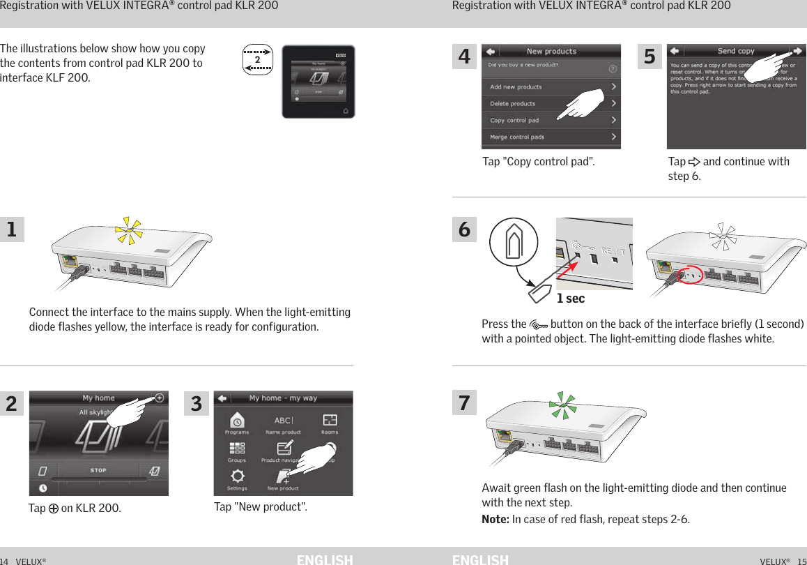 22A  B  C  D  E       1  2  3  4       5  6  7  8  9  10   A  B  C  D  E       1  2  3  4       5  6  7  8  9  10   ETHERNETETHERNETRESETRESETUSBUSBA  B  C  D  E       1  2  3  4       5  6  7  8  9  10   A  B  C  D  E       1  2  3  4       5  6  7  8  9  10   ETHERNETETHERNETRESETRESETUSBUSB1 secA  B  C  D  E       1  2  3  4        5  6  7  8  9  10   A  B  C  D  E       1  2  3  4        5  6  7  8  9  10   ETHERNETETHERNETRESETRESETUSBUSB14   VELUX®VELUX®   15ENGLISH ENGLISHFunction as interface Registration with VELUX INTEGRA® control pad KLR 200Tap   on KLR 200.Tap &quot;Copy control pad&quot;.Tap &quot;New product&quot;.Tap   and continue with step 6.Connect the interface to the mains supply. When the light-emitting diode flashes yellow, the interface is ready for configuration.The illustrations below show how you copy the contents from control pad KLR 200 to interface KLF 200.Function as interface Registration with VELUX INTEGRA® control pad KLR 200Await green flash on the light-emitting diode and then continue with the next step.Note: In case of red flash, repeat steps 2-6.Press the   button on the back of the interface briefly (1 second) with a pointed object. The light-emitting diode flashes white.2 314 567A  B  C  D  E       1  2  3  4       5  6  7  8  9  10   A  B  C  D  E       1  2  3  4       5  6  7  8  9  10   ETHERNETETHERNETRESETRESETUSBUSB