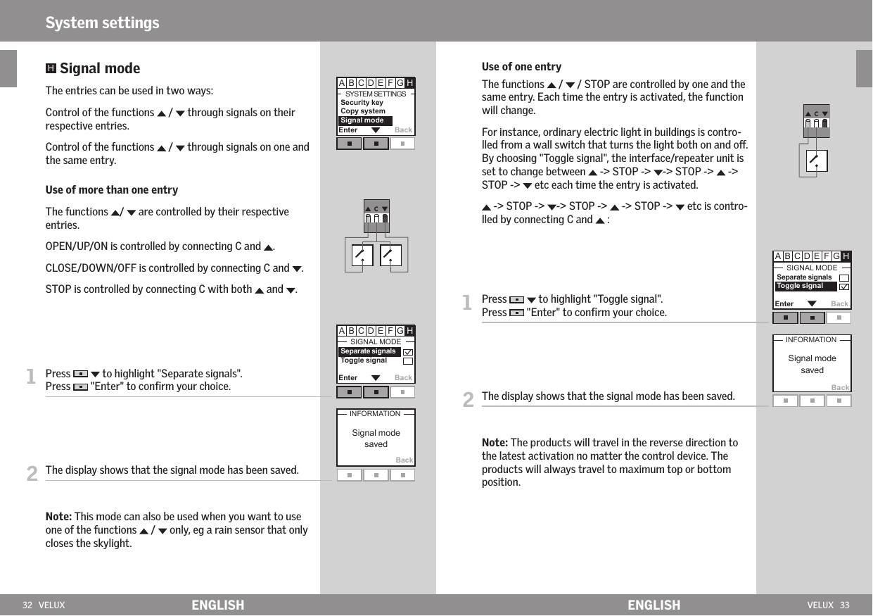 32   VELUX ENGLISH VELUX   33ENGLISHCC  Signal mode The entries can be used in two ways:  Control of the functions   /   through signals on their respective entries.  Control of the functions   /   through signals on one and the same entry. Use of more than one entry  The functions  /   are controlled by their respective entries. OPEN/UP/ON is controlled by connecting C and  .  CLOSE/DOWN/OFF is controlled by connecting C and  .  STOP is controlled by connecting C with both   and  .1   Press     to highlight &quot;Separate signals&quot;.Press   &quot;Enter&quot; to conﬁrm your choice.2  The display shows that the signal mode has been saved.  Note: This mode can also be used when you want to use one of the functions   /   only, eg a rain sensor that only closes the skylight.System settings Use of one entry  The functions   /   / STOP are controlled by one and the same entry. Each time the entry is activated, the function will change.  For instance, ordinary electric light in buildings is contro-lled from a wall switch that turns the light both on and o. By choosing &quot;Toggle signal&quot;, the interface/repeater unit is set to change between   -&gt; STOP -&gt;  -&gt; STOP -&gt;   -&gt; STOP -&gt;   etc each time the entry is activated.    -&gt; STOP -&gt;  -&gt; STOP -&gt;   -&gt; STOP -&gt;   etc is contro-lled by connecting C and   :1   Press     to highlight &quot;Toggle signal&quot;.Press   &quot;Enter&quot; to conﬁrm your choice.2  The display shows that the signal mode has been saved.  Note: The products will travel in the reverse direction to the latest activation no matter the control device. The products will always travel to maximum top or bottom position.BackBackEnter Back       Separate signalsToggle signalEnter Back       Separate signalsToggle signalEnter Back       Security keyCopy system Signal mode