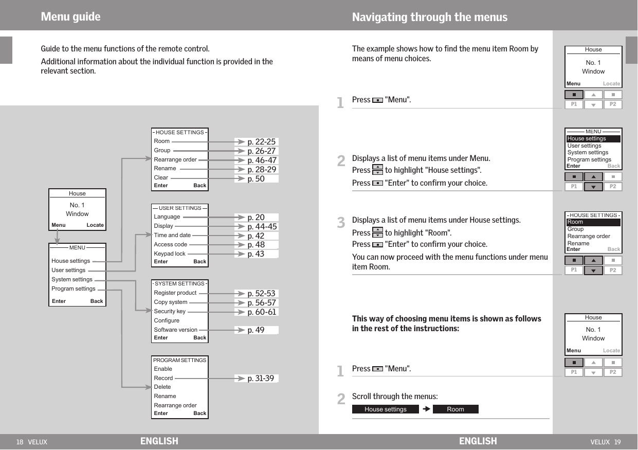 18   VELUX VELUX   19MenuLocateEnter BackMenuLocateP1 P2 Enter BackP1 P2MenuLocateP1 P2Enter BackEnter BackEnter BackEnter BackEnter BackP1 P2ENGLISH ENGLISHMenu guideGuide to the menu functions of the remote control. Additional information about the individual function is provided in the relevant section.Navigating through the menus   The example shows how to ﬁnd the menu item Room by means of menu choices.1   Press   &quot;Menu&quot;.2   Displays a list of menu items under Menu. Press   to highlight &quot;House settings&quot;.Press   &quot;Enter&quot; to conﬁrm your choice.3   Displays a list of menu items under House settings.Press   to highlight &quot;Room&quot;.Press   &quot;Enter&quot; to conﬁrm your choice.  You can now proceed with the menu functions under menu item Room.  This way of choosing menu items is shown as follows in the rest of the instructions:1   Press   &quot;Menu&quot;.2   Scroll through the menus:p. 42p. 44-45p. 20p. 43p. 48p. 46-47p. 26-27p. 22-25p. 50p. 28-29p. 60-61                                                  p. 56-57p. 52-53p. 31-39p. 49