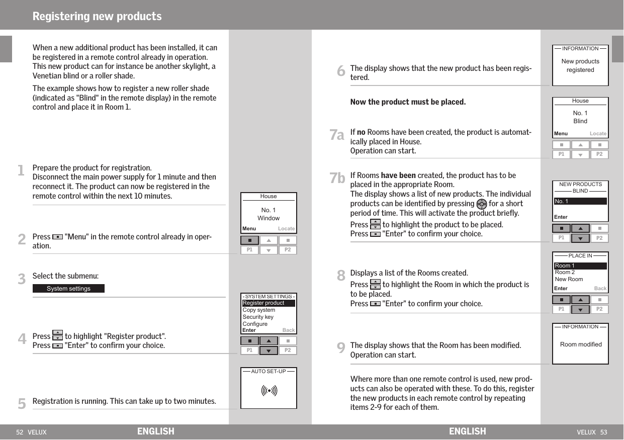 52   VELUX VELUX   53MenuLocateP1 P2Enter BackP1 P2MenuLocateP1 P2EnterP1 P2Enter BackP1 P2ENGLISH ENGLISHRegistering new products    When a new additional product has been installed, it can be registered in a remote control already in operation. This new product can for instance be another skylight, a Venetian blind or a roller shade.    The example shows how to register a new roller shade (indicated as &quot;Blind&quot; in the remote display) in the remote control and place it in Room 1.1   Prepare the product for registration.Disconnect the main power supply for 1 minute and then reconnect it. The product can now be registered in the remote control within the next 10 minutes.2   Press   &quot;Menu&quot; in the remote control already in oper-ation.3   Select the submenu:4  Press   to highlight &quot;Register product&quot;.Press   &quot;Enter&quot; to conﬁrm your choice.5  Registration is running. This can take up to two minutes.  6  The display shows that the new product has been regis-tered.  Now the product must be placed.7a   If no Rooms have been created, the product is automat-ically placed in House.  Operation can start.7b  If Rooms have been created, the product has to be placed in the appropriate Room. The display shows a list of new products. The individual products can be identiﬁed by pressing   for a short period of time. This will activate the product brieﬂy. Press   to highlight the product to be placed.Press   &quot;Enter&quot; to conﬁrm your choice.  8  Displays a list of the Rooms created. Press   to highlight the Room in which the product is to be placed. Press   &quot;Enter&quot; to conﬁrm your choice.  9  The display shows that the Room has been modiﬁed.Operation can start.  Where more than one remote control is used, new prod-ucts can also be operated with these. To do this, register the new products in each remote control by repeating items 2-9 for each of them.