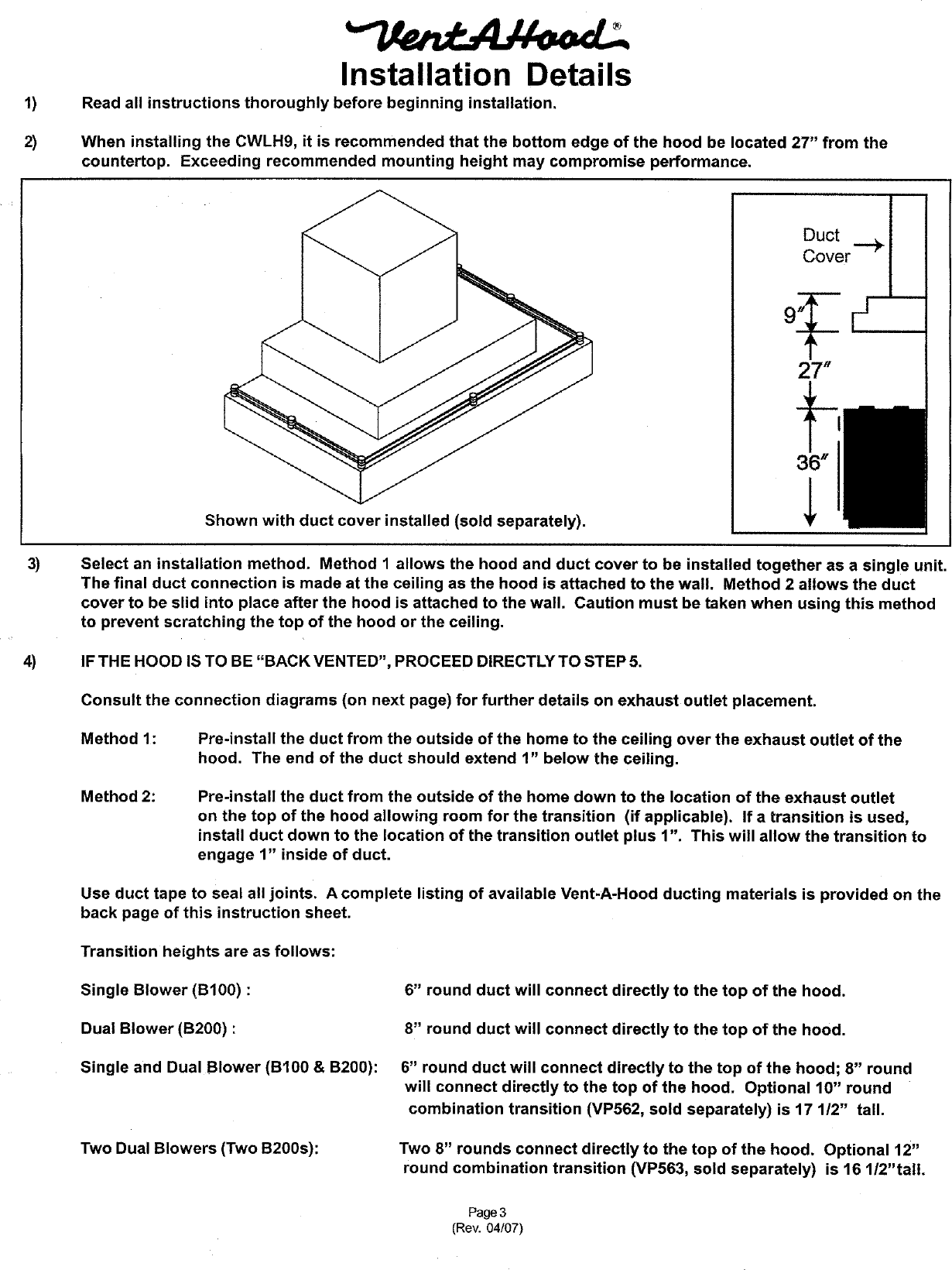 Page 3 of 7 - VENTAHOOD Range Hood Manual L0709186