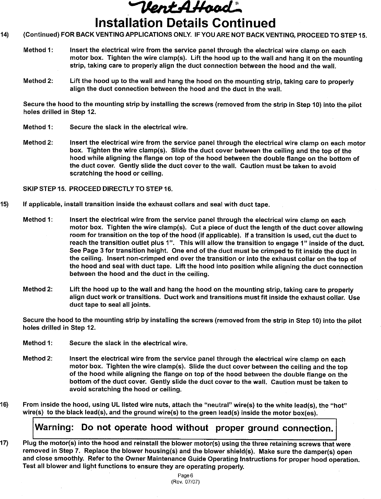 Page 6 of 7 - VENTAHOOD Range Hood Manual L0709186