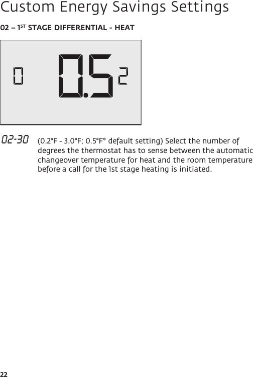 2202 – 1ST STAGE DIFFERENTIAL - HEAT 02-30   (0.2°F - 3.0°F; 0.5°F* default setting) Select the number of degrees the thermostat has to sense between the automatic changeover temperature for heat and the room temperature before a call for the 1st stage heating is initiated. Custom Energy Savings Settings