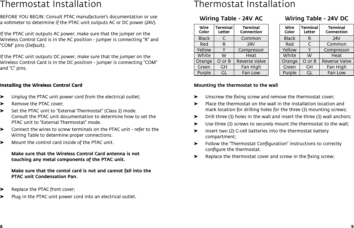 8 9Thermostat InstallationMounting the thermostat to the wall  ➤Unscrew the ﬁxing screw and remove the thermostat cover; ➤Place the thermostat on the wall in the installation location and mark location for drilling holes for the three (3) mounting screws; ➤Drill three (3) holes in the wall and insert the three (3) wall anchors; ➤Use three (3) screws to securely mount the thermostat to the wall; ➤Insert two (2) C-cell batteries into the thermostat battery compartment; ➤Follow the “Thermostat Conﬁguration” instructions to correctly conﬁgure the thermostat. ➤Replace the thermostat cover and screw in the ﬁxing screw;Thermostat InstallationBEFORE YOU BEGIN: Consult PTAC manufacturer’s documentation or use a voltmeter to determine if the PTAC unit outputs AC or DC power (24V).If the PTAC unit outputs AC power, make sure that the jumper on the Wireless Control Card is in the AC position - jumper is connecting “R” and “COM” pins (Default).If the PTAC unit outputs DC power, make sure that the jumper on the Wireless Control Card is in the DC position - jumper is connecting “COM” and “C” pins.Installing the Wireless Control Card ➤Unplug the PTAC unit power cord from the electrical outlet;  ➤Remove the PTAC cover; ➤Set the PTAC unit to “External Thermostat” (Class 2) mode. Consult the PTAC unit documentation to determine how to set the PTAC unit to “External Thermostat” mode. ➤Connect the wires to screw terminals on the PTAC unit - refer to the Wiring Table to determine proper connections.  ➤Mount the control card inside of the PTAC unit.   Make sure that the Wireless Control Card antenna is not touching any metal components of the PTAC unit.  Make sure that the contol card is not and cannot fall into the PTAC unit Condensation Pan.  ➤Replace the PTAC front cover; ➤Plug in the PTAC unit power cord into an electrical outlet.Wiring Table - 24V ACWire ColorTerminal LetterTerminal  ConnectionBlack C CommonRed R 24VYellow Y CompressorWhite W HeatOrange O or B Reverse ValveGreen GH Fan HighPurple GL Fan LowWiring Table - 24V DCWire ColorTerminal LetterTerminal  ConnectionBlack R 24VRed C CommonYellow Y CompressorWhite W HeatOrange O or B Reverse ValveGreen GH Fan HighPurple GL Fan Low