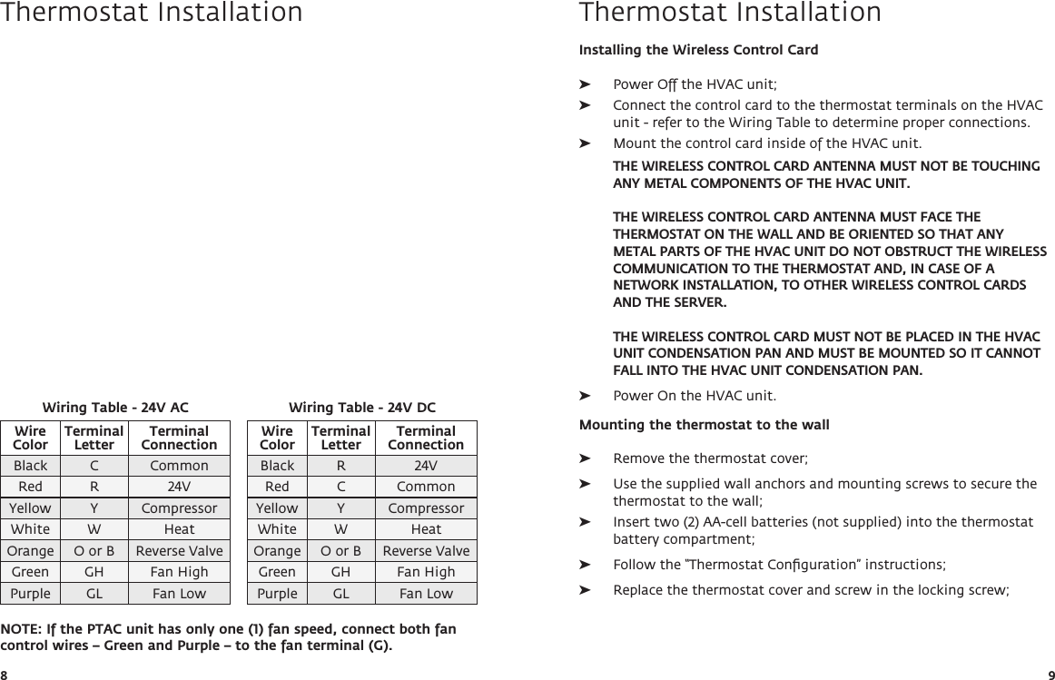 8 9Thermostat InstallationNOTE: If the PTAC unit has only one (1) fan speed, connect both fan control wires – Green and Purple – to the fan terminal (G). Wiring Table - 24V ACWire  Color Terminal Letter Terminal  ConnectionBlack C CommonRed R 24VYellow Y CompressorWhite W HeatOrange O or B Reverse ValveGreen GH Fan HighPurple GL Fan LowWiring Table - 24V DCWire  Color Terminal Letter Terminal  ConnectionBlack R 24VRed C CommonYellow Y CompressorWhite W HeatOrange O or B Reverse ValveGreen GH Fan HighPurple GL Fan LowInstalling the Wireless Control Card ➤Power Off the HVAC unit;  ➤Connect the control card to the thermostat terminals on the HVAC unit - refer to the Wiring Table to determine proper connections.  ➤Mount the control card inside of the HVAC unit.   THE WIRELESS CONTROL CARD ANTENNA MUST NOT BE TOUCHING ANY METAL COMPONENTS OF THE HVAC UNIT.  THE WIRELESS CONTROL CARD ANTENNA MUST FACE THE THERMOSTAT ON THE WALL AND BE ORIENTED SO THAT ANY METAL PARTS OF THE HVAC UNIT DO NOT OBSTRUCT THE WIRELESS COMMUNICATION TO THE THERMOSTAT AND, IN CASE OF A NETWORK INSTALLATION, TO OTHER WIRELESS CONTROL CARDS AND THE SERVER.  THE WIRELESS CONTROL CARD MUST NOT BE PLACED IN THE HVAC UNIT CONDENSATION PAN AND MUST BE MOUNTED SO IT CANNOT FALL INTO THE HVAC UNIT CONDENSATION PAN. ➤Power On the HVAC unit.Mounting the thermostat to the wall  ➤Remove the thermostat cover; ➤Use the supplied wall anchors and mounting screws to secure the thermostat to the wall;  ➤Insert two (2) AA-cell batteries (not supplied) into the thermostat battery compartment; ➤Follow the “Thermostat Conﬁguration” instructions; ➤Replace the thermostat cover and screw in the locking screw;Thermostat Installation