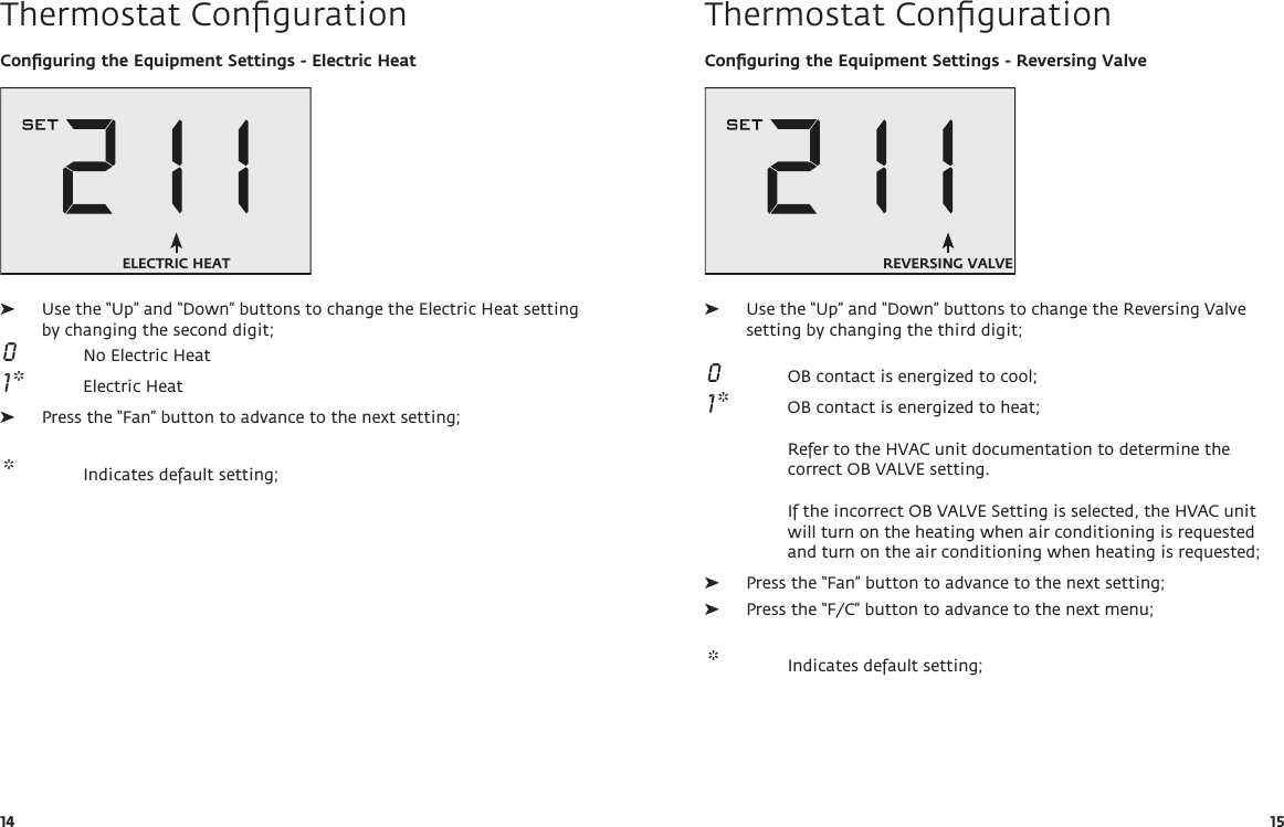 14 15Thermostat ConﬁgurationConﬁguring the Equipment Settings - Electric Heat ➤Use the “Up” and “Down” buttons to change the Electric Heat setting by changing the second digit; 0  No Electric Heat 1 *  Electric Heat ➤Press the “Fan” button to advance to the next setting; *  Indicates default setting;ELECTRIC HEATThermostat ConﬁgurationConﬁguring the Equipment Settings - Reversing Valve ➤Use the “Up” and “Down” buttons to change the Reversing Valve setting by changing the third digit;  0  OB contact is energized to cool;  1 *  OB contact is energized to heat;  Refer to the HVAC unit documentation to determine the correct OB VALVE setting.   If the incorrect OB VALVE Setting is selected, the HVAC unit will turn on the heating when air conditioning is requested and turn on the air conditioning when heating is requested; ➤Press the “Fan” button to advance to the next setting; ➤Press the “F/C” button to advance to the next menu; *  Indicates default setting;REVERSING VALVE