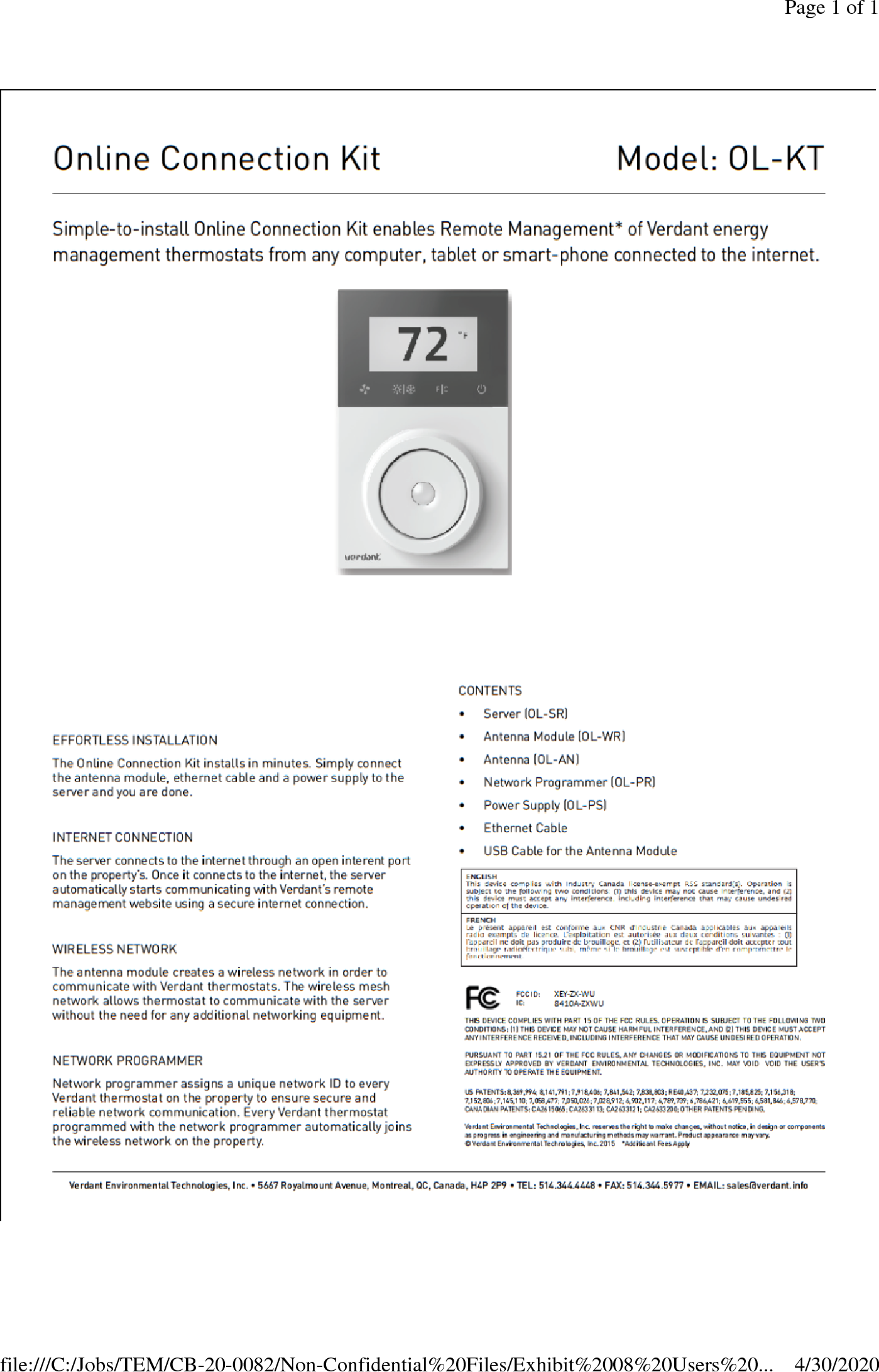 VERDANT ENVIRONMENTAL TECHNOLOGIES ZXWU ZX Wired Thermostat User Manual